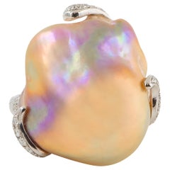 Rare Natural Color Baroque Pearl Ring with 1.10 Carat of Diamonds