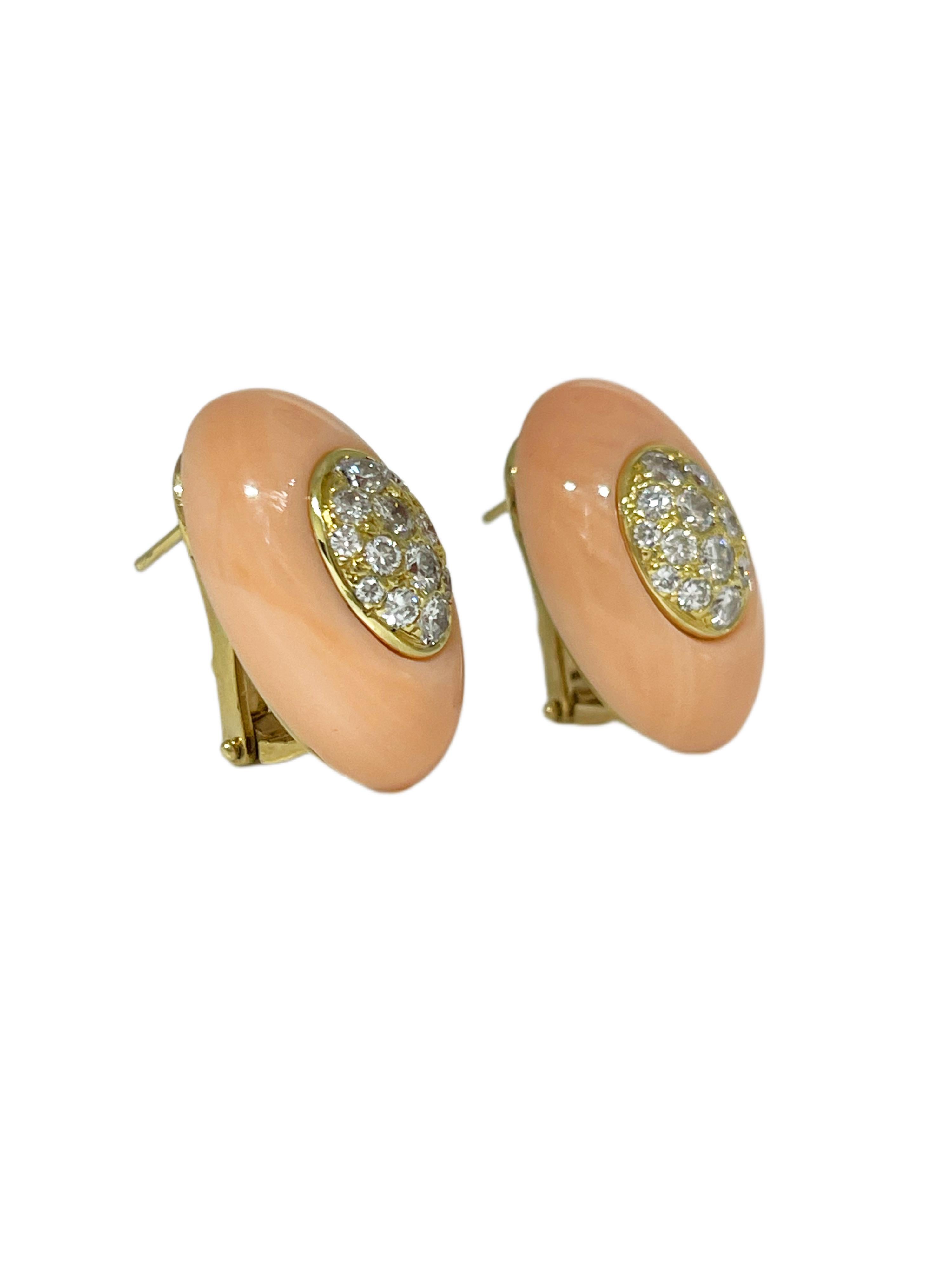 Brilliant Cut Rare Natural Coral & Diamond Earrings 14KT Rose Gold Undyed Coral Earrings For Sale