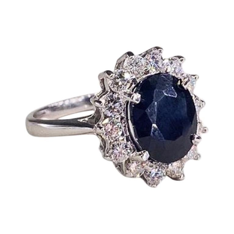 Rare Natural Deep Blue Sapphire 18 Karat White Gold Diamond Ring for Her For Sale