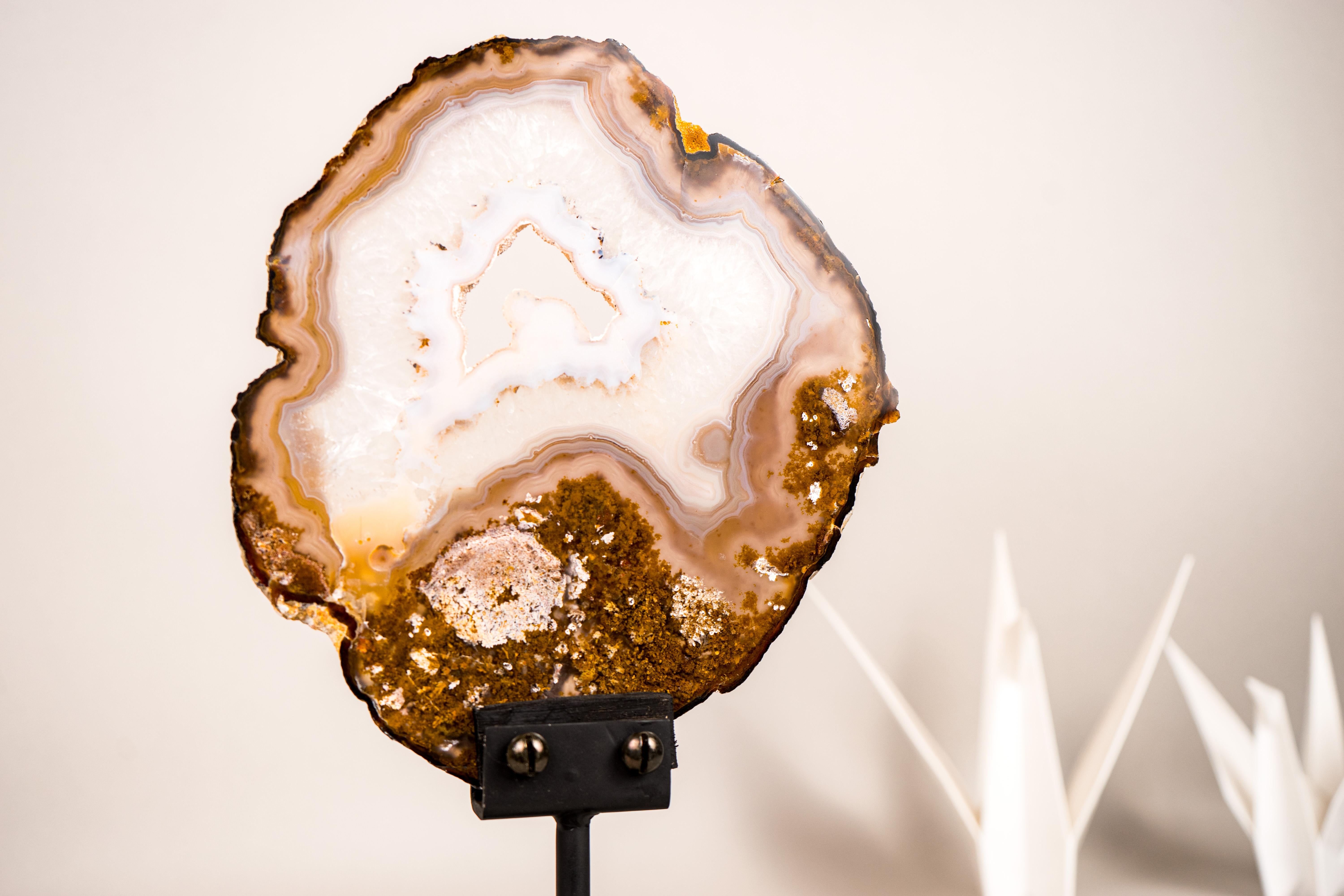 Rare Natural Lace Agate Slice with Clear Quartz and Moss Agate Drawings For Sale 4
