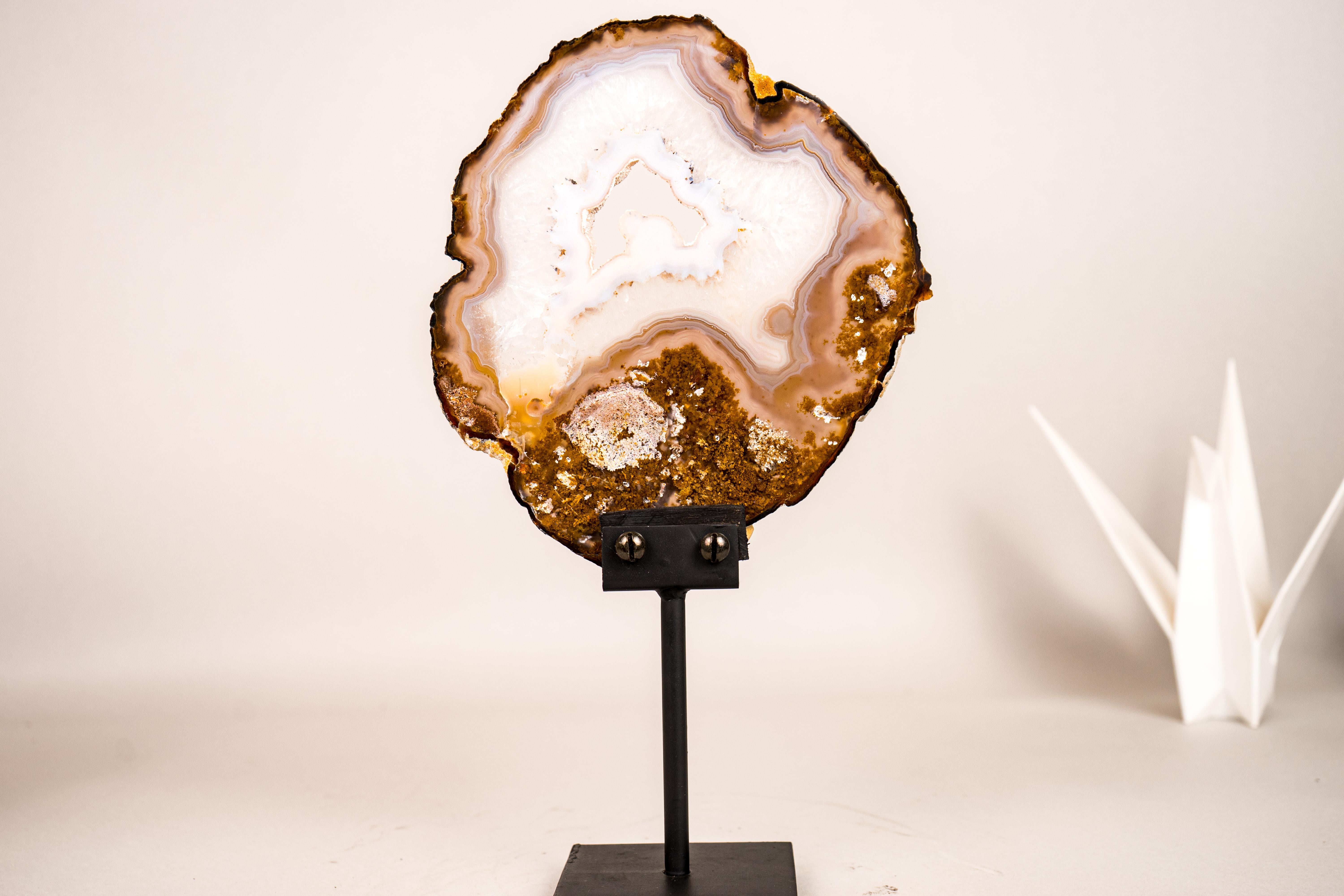 Brazilian Rare Natural Lace Agate Slice with Clear Quartz and Moss Agate Drawings For Sale