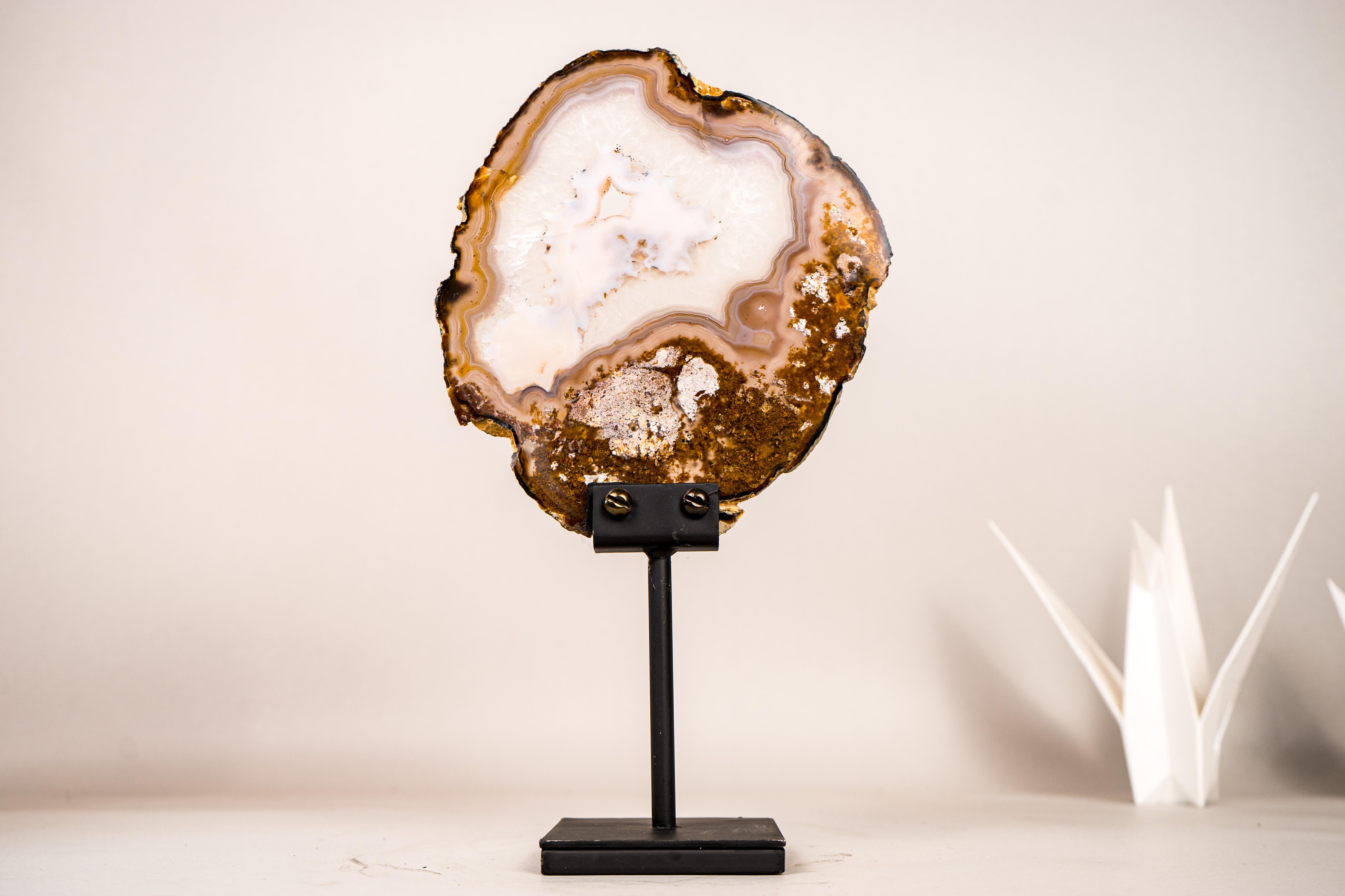 Brazilian Rare Natural Lace Agate Slice with Clear Quartz and Moss Agate Drawings For Sale