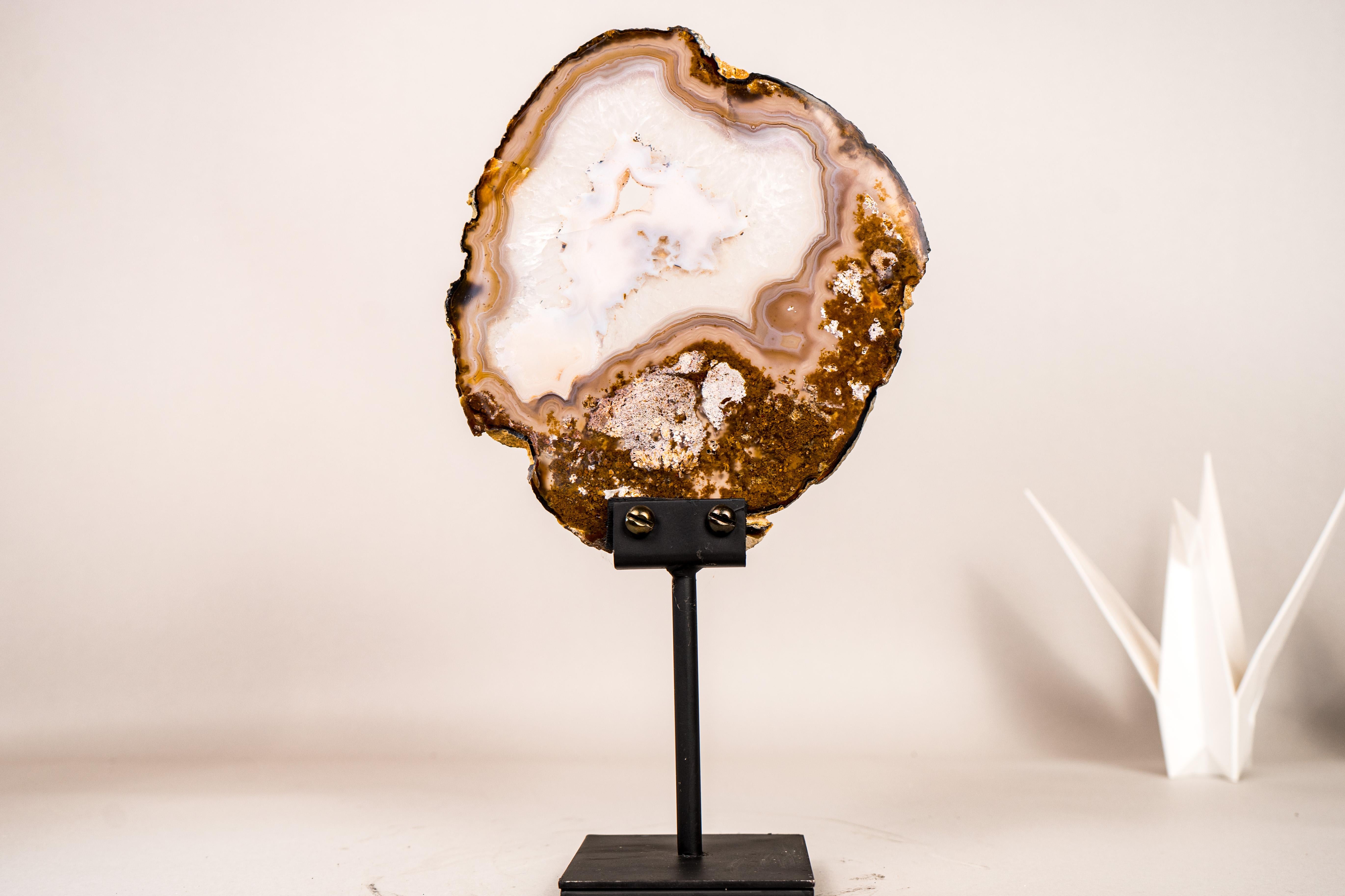 Rare Natural Lace Agate Slice with Clear Quartz and Moss Agate Drawings In New Condition For Sale In Ametista Do Sul, BR