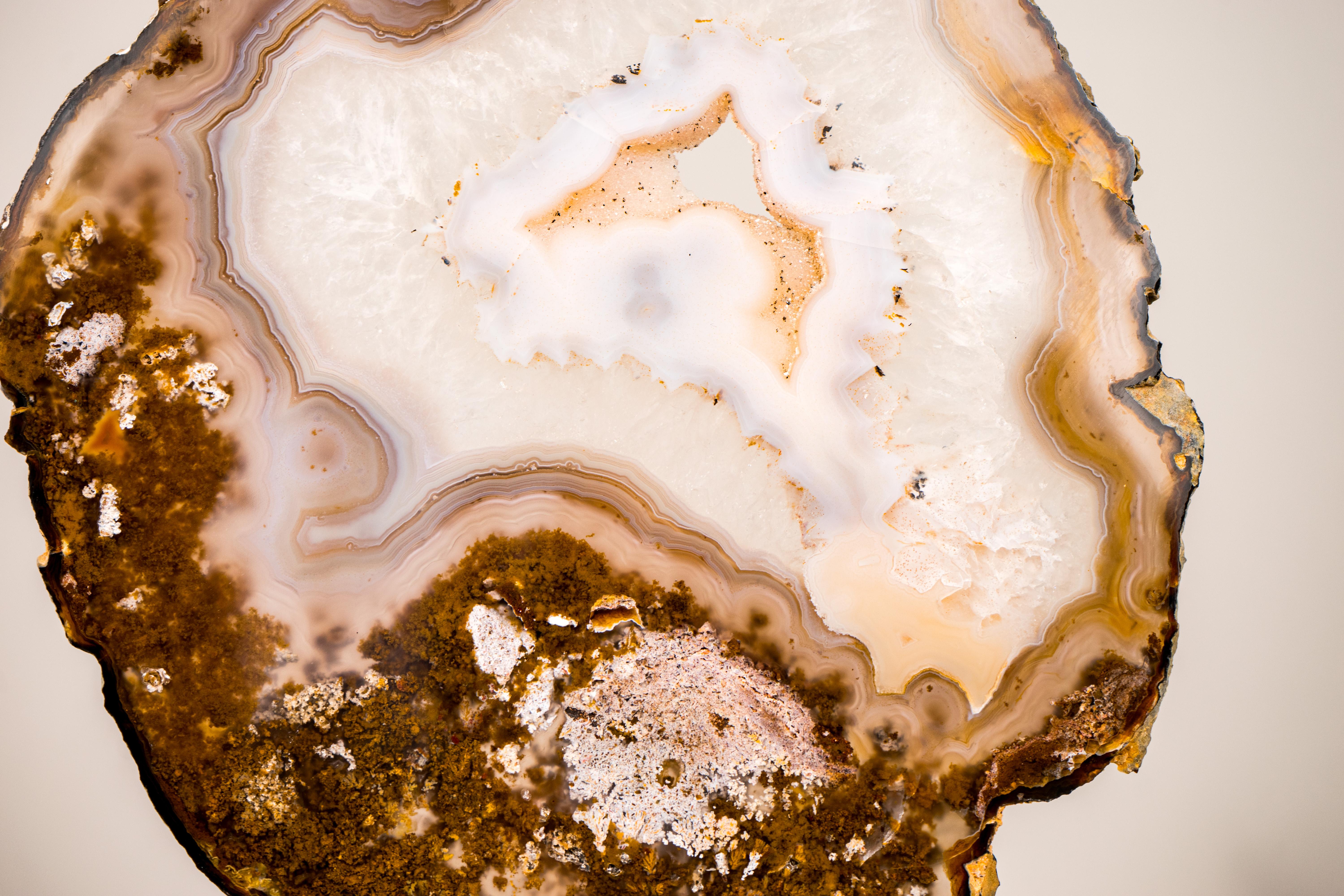 Contemporary Rare Natural Lace Agate Slice with Clear Quartz and Moss Agate Drawings For Sale