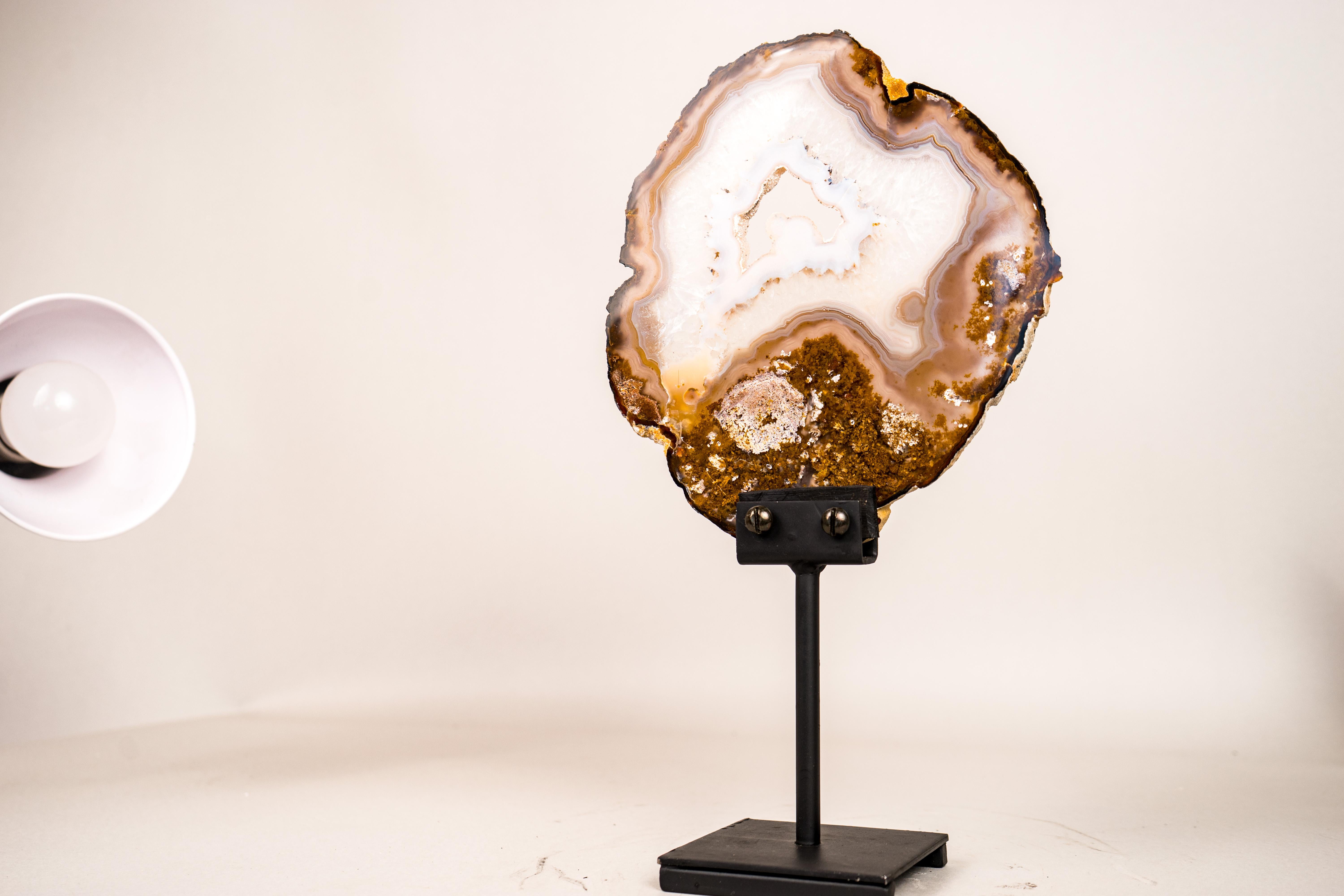 Rare Natural Lace Agate Slice with Clear Quartz and Moss Agate Drawings For Sale 2