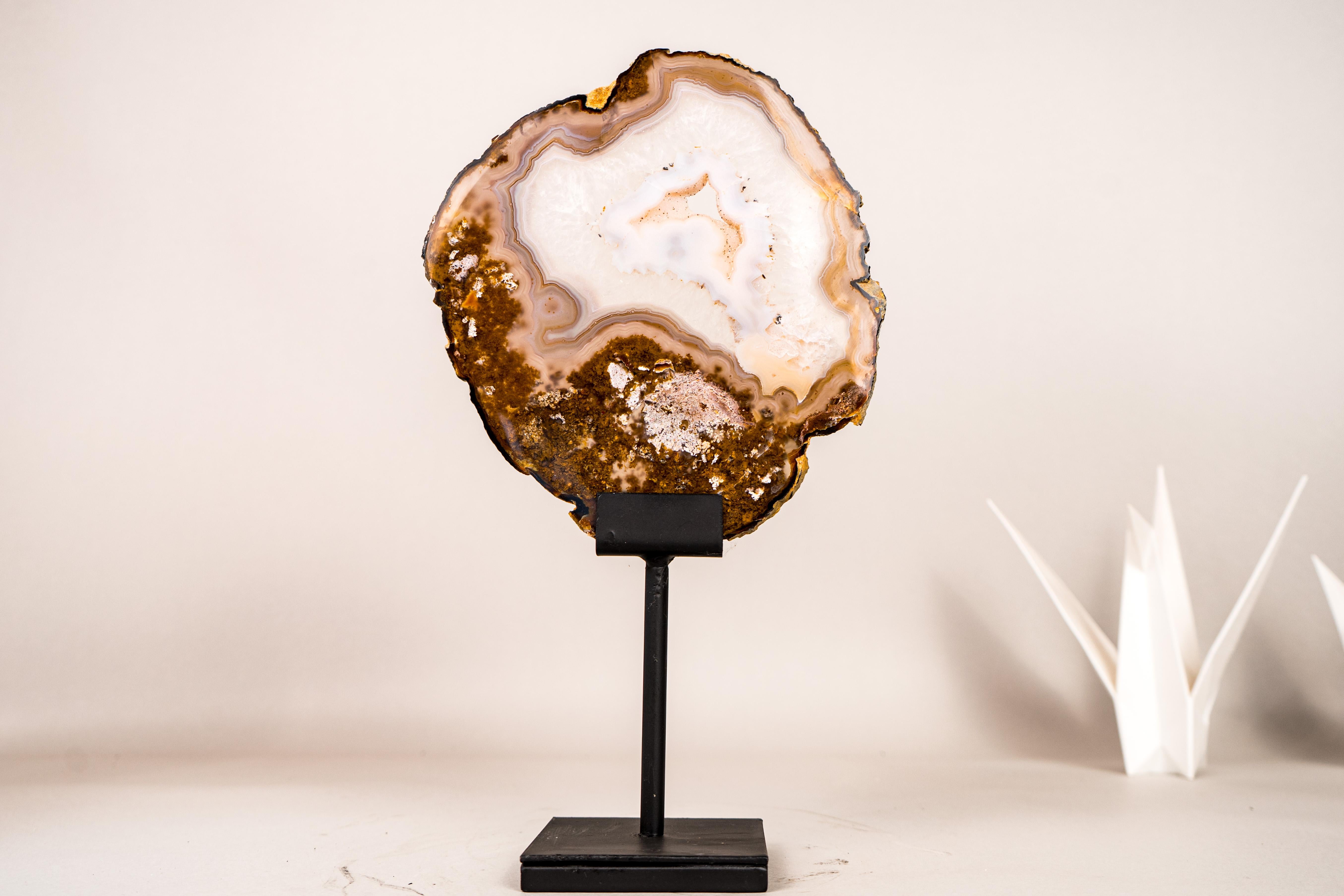 Rare Natural Lace Agate Slice with Clear Quartz and Moss Agate Drawings For Sale 2