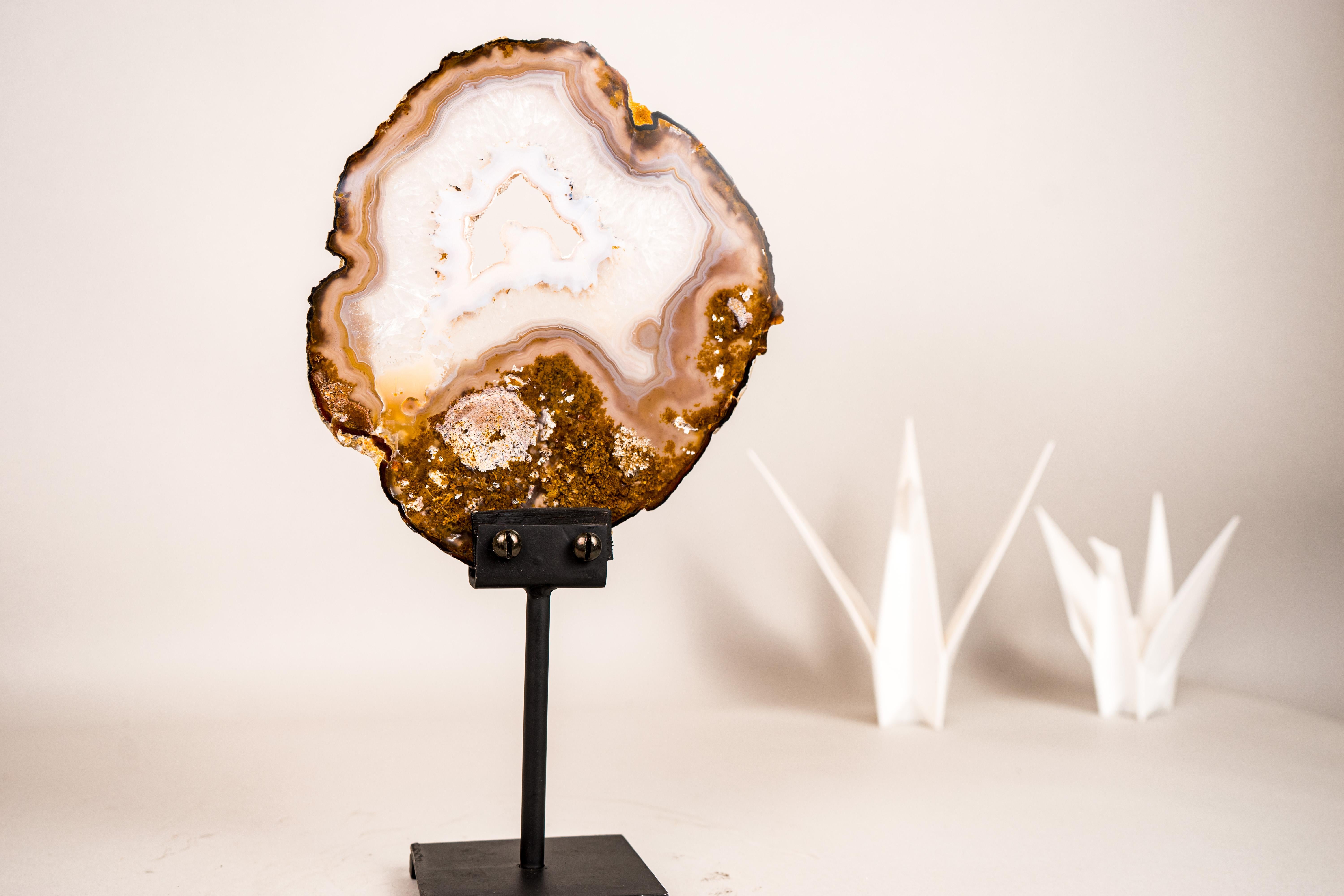 Rare Natural Lace Agate Slice with Clear Quartz and Moss Agate Drawings For Sale 3