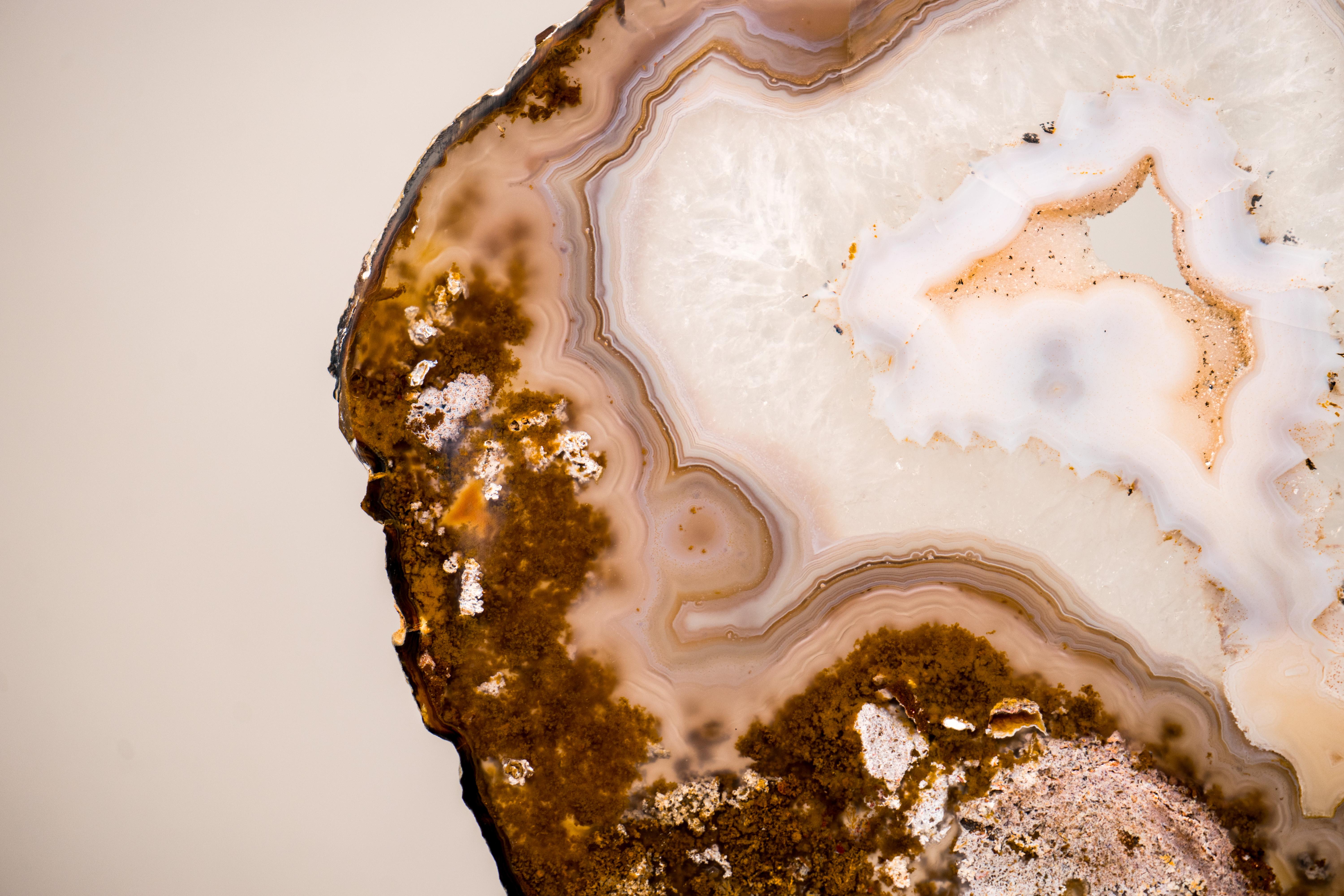 Rare Natural Lace Agate Slice with Clear Quartz and Moss Agate Drawings For Sale 3