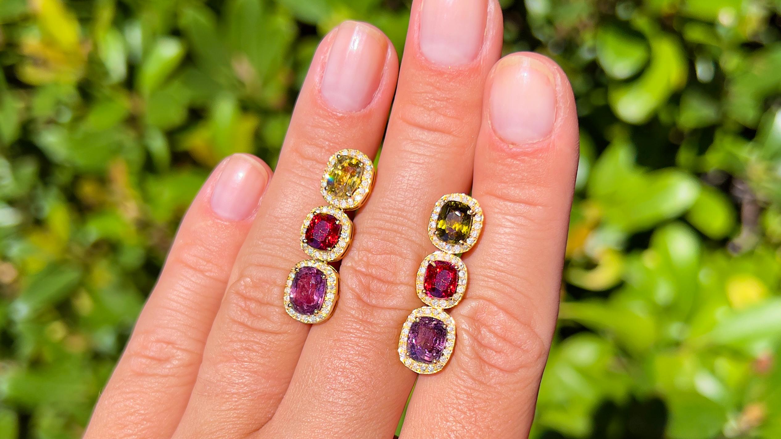 Contemporary Rare Natural Multicolored Spinel Earrings Diamond Halo 8.50 Carats 18K Gold For Sale