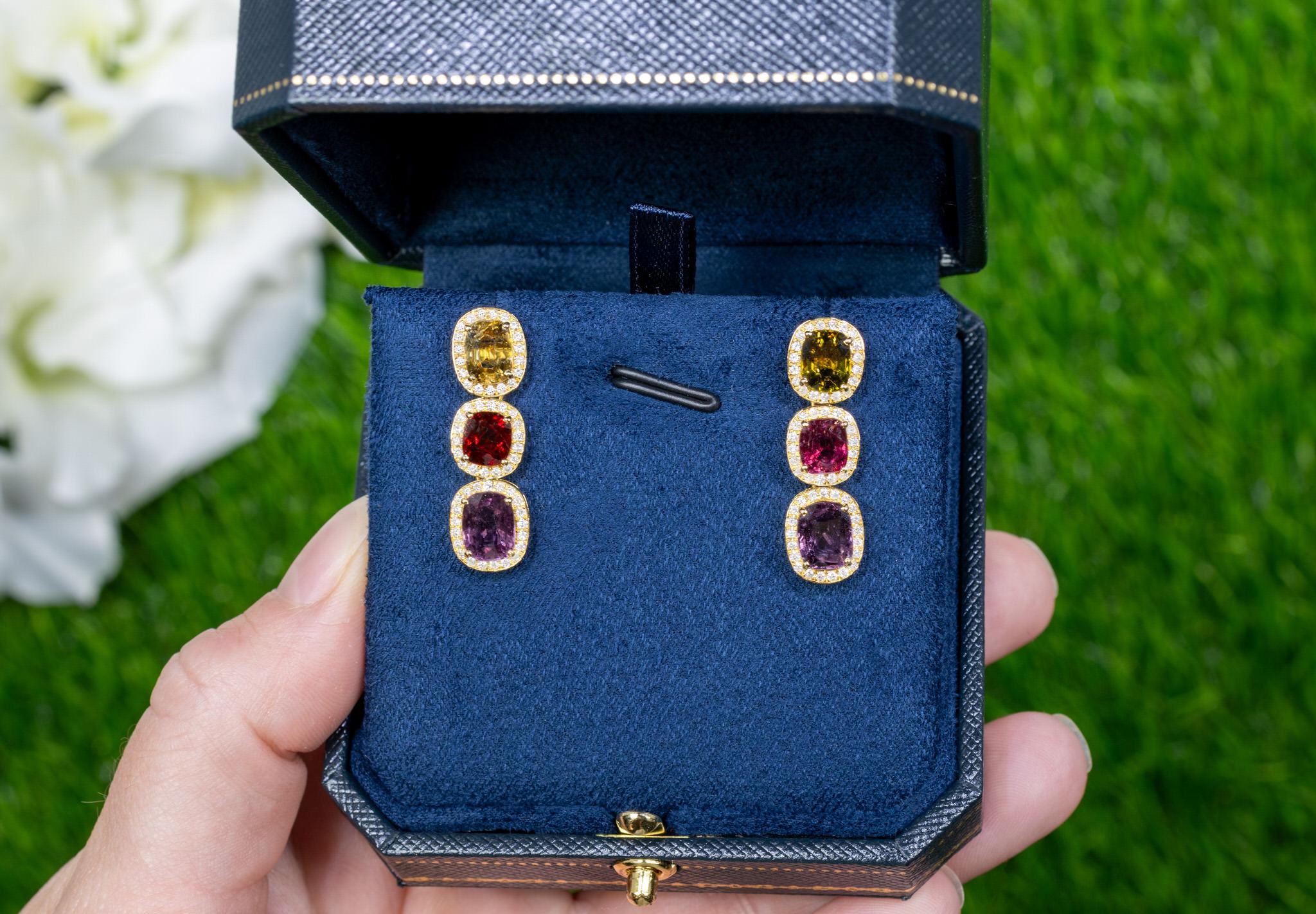 Contemporary Rare Natural Multicolored Spinel Earrings Diamond Halo 8.50 Carats 18K Gold For Sale