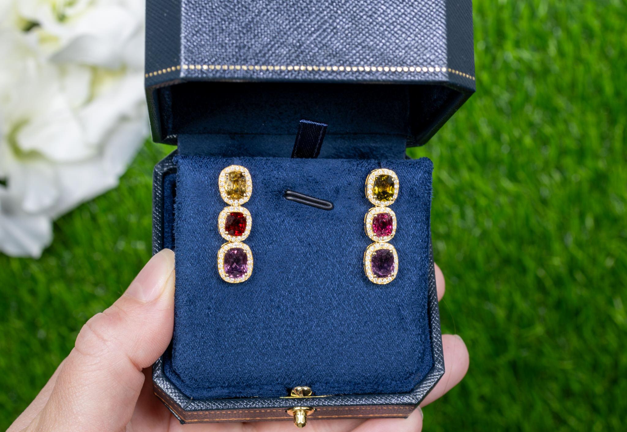 Cushion Cut Rare Natural Multicolored Spinel Earrings Diamond Halo 8.50 Carats 18K Gold For Sale