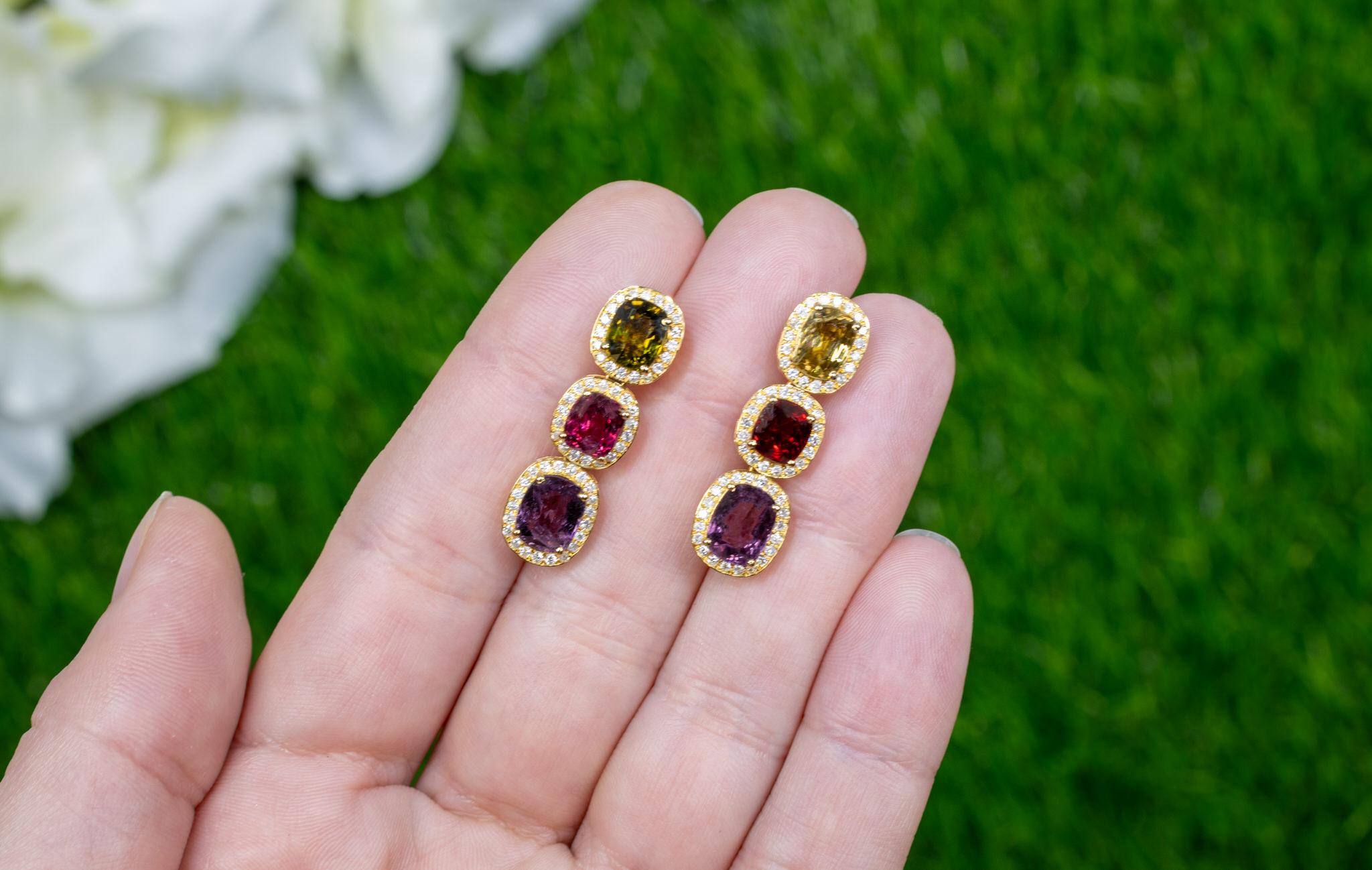 Rare Natural Multicolored Spinel Earrings Diamond Halo 8.50 Carats 18K Gold In Excellent Condition For Sale In Aliso Viejo, CA