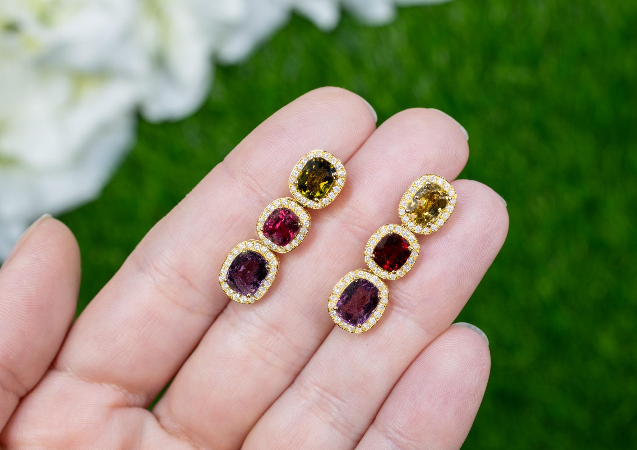 Women's or Men's Rare Natural Multicolored Spinel Earrings Diamond Halo 8.50 Carats 18K Gold For Sale