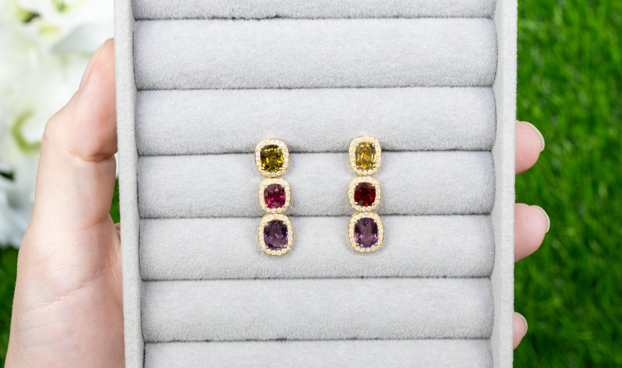 Rare Natural Multicolored Spinel Earrings Diamond Halo 8.50 Carats 18K Gold For Sale 1