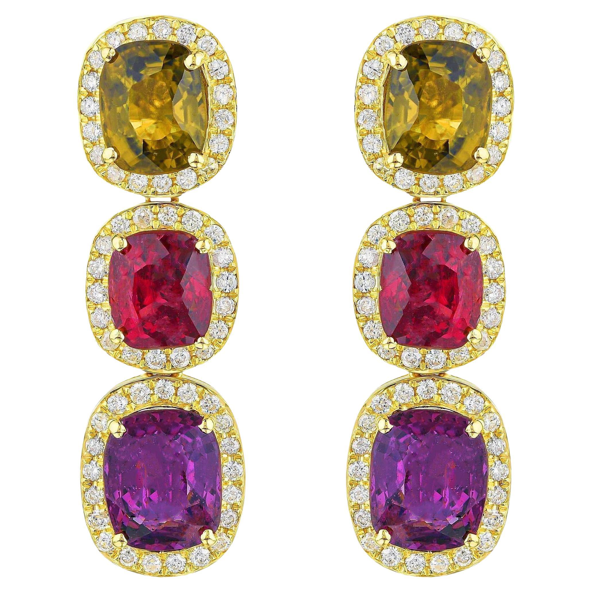 Boucles d'oreilles en or 18 carats avec spinelle naturelle multicolore et halo de diamants de 8,50 carats