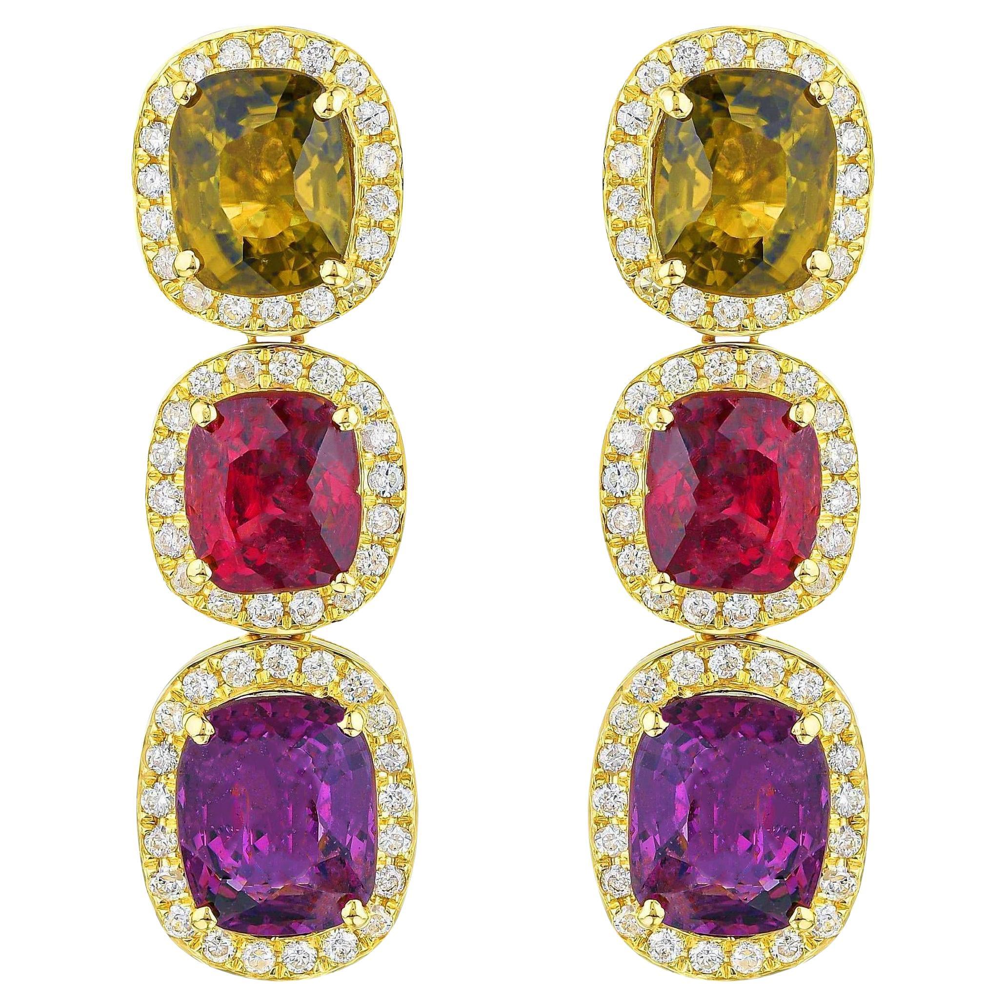 Raros Pendientes de Espinela Multicolor Natural Halo de Diamantes 8,50 Quilates Oro de 18 K