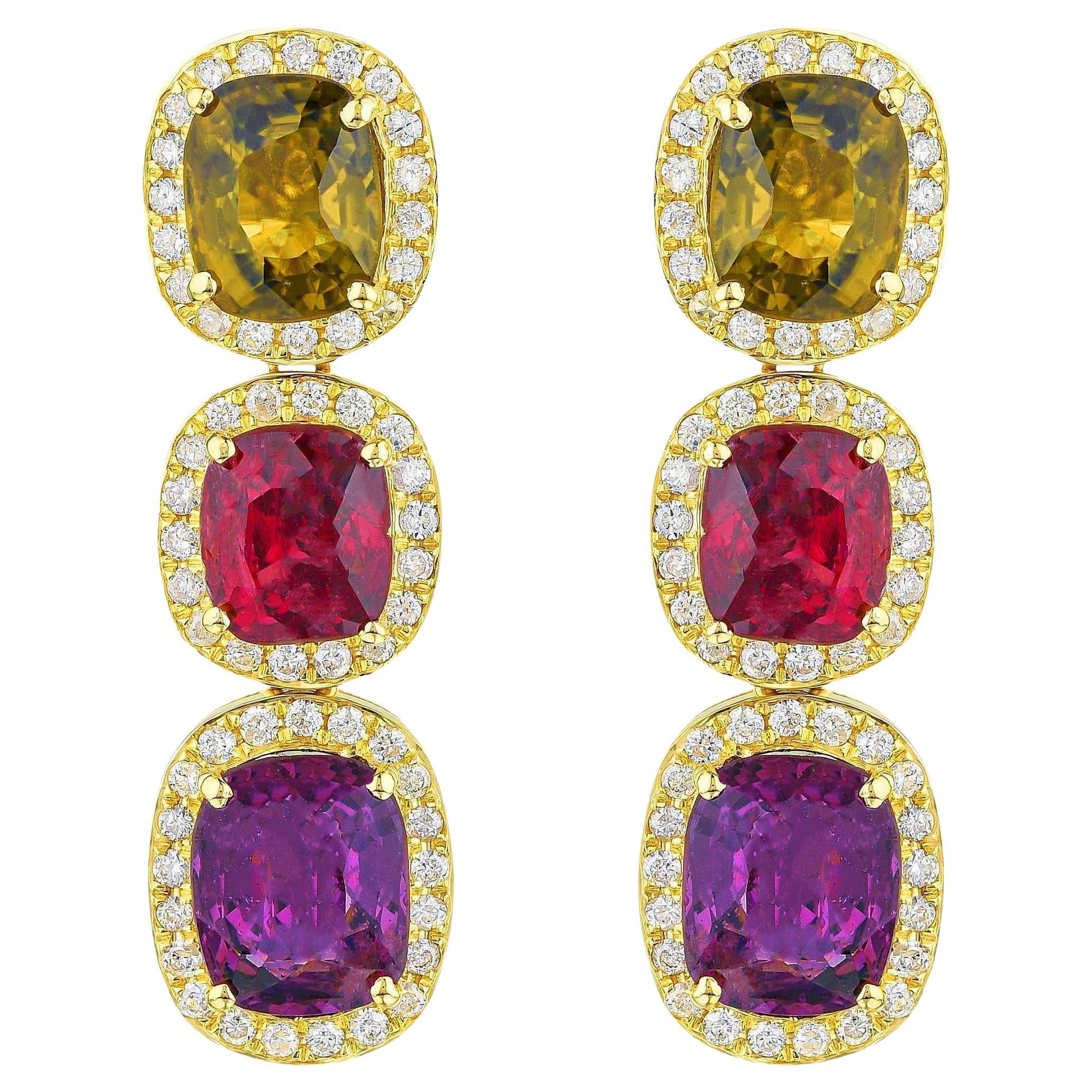 Rare Natural Multicolored Spinel Earrings Diamond Halo 8.50 Carats 18K Gold For Sale