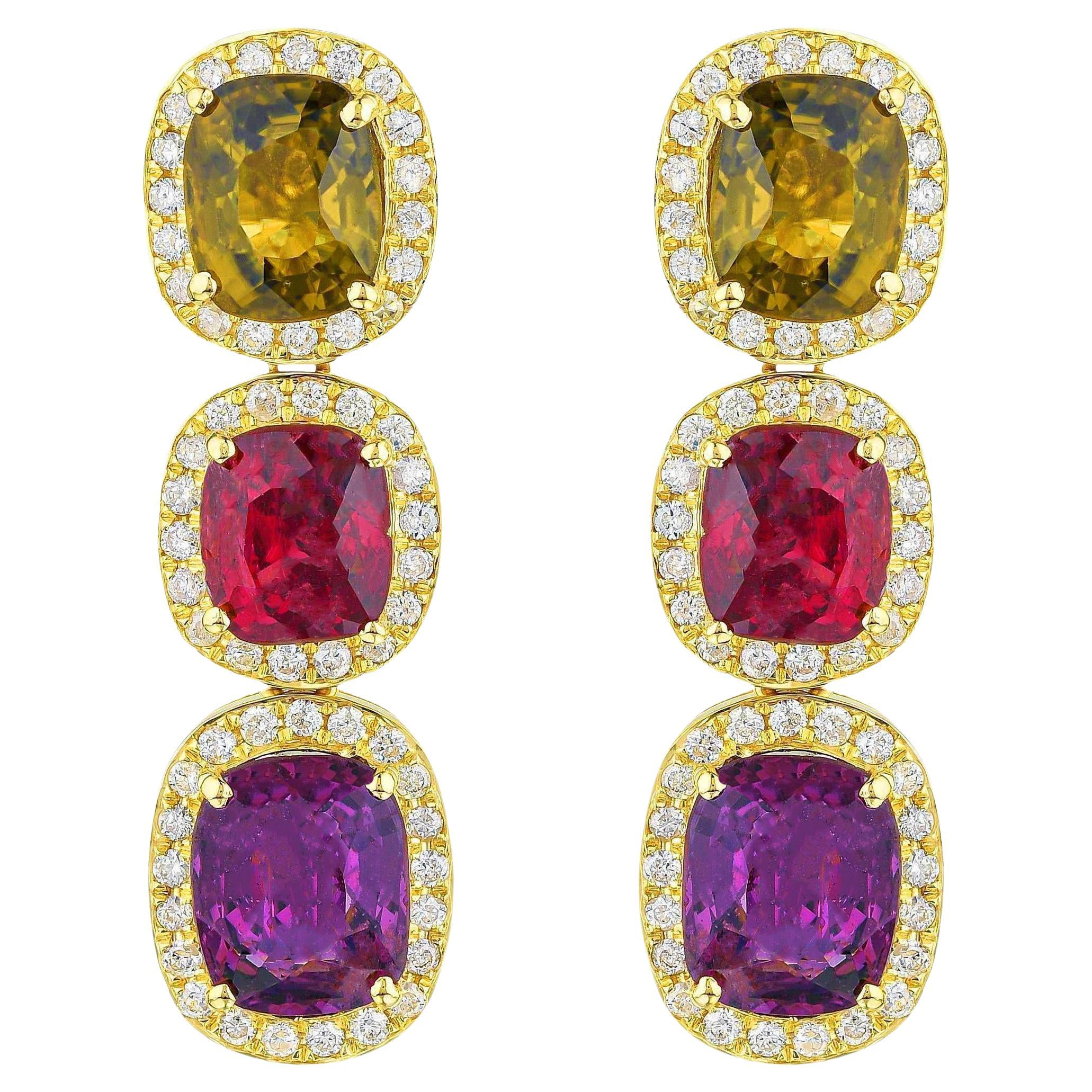 Boucles d'oreilles en or 18 carats avec spinelle naturelle multicolore et halo de diamants de 8,50 carats