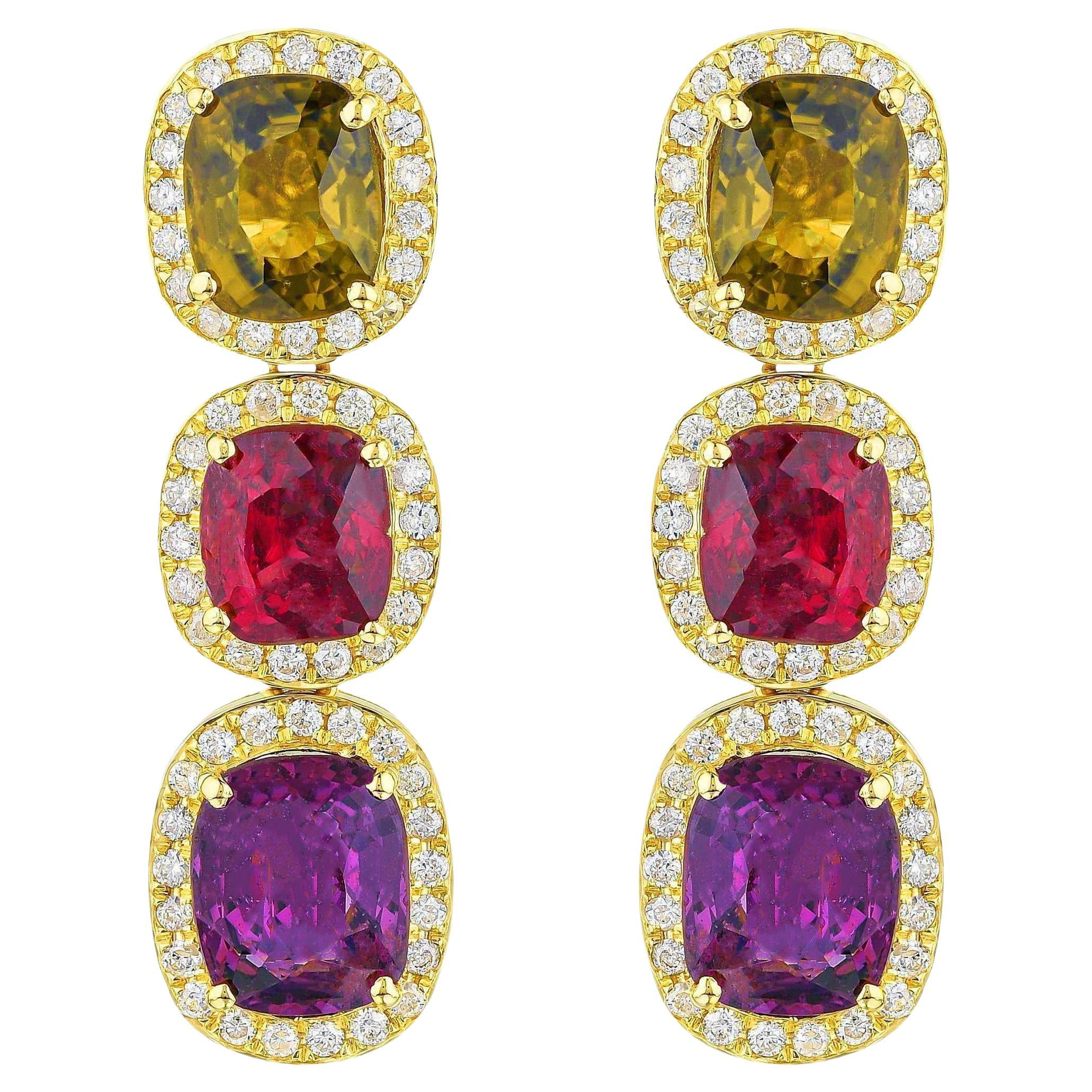 Boucles d'oreilles en or 18 carats avec spinelle naturelle multicolore et halo de diamants de 8,50 carats