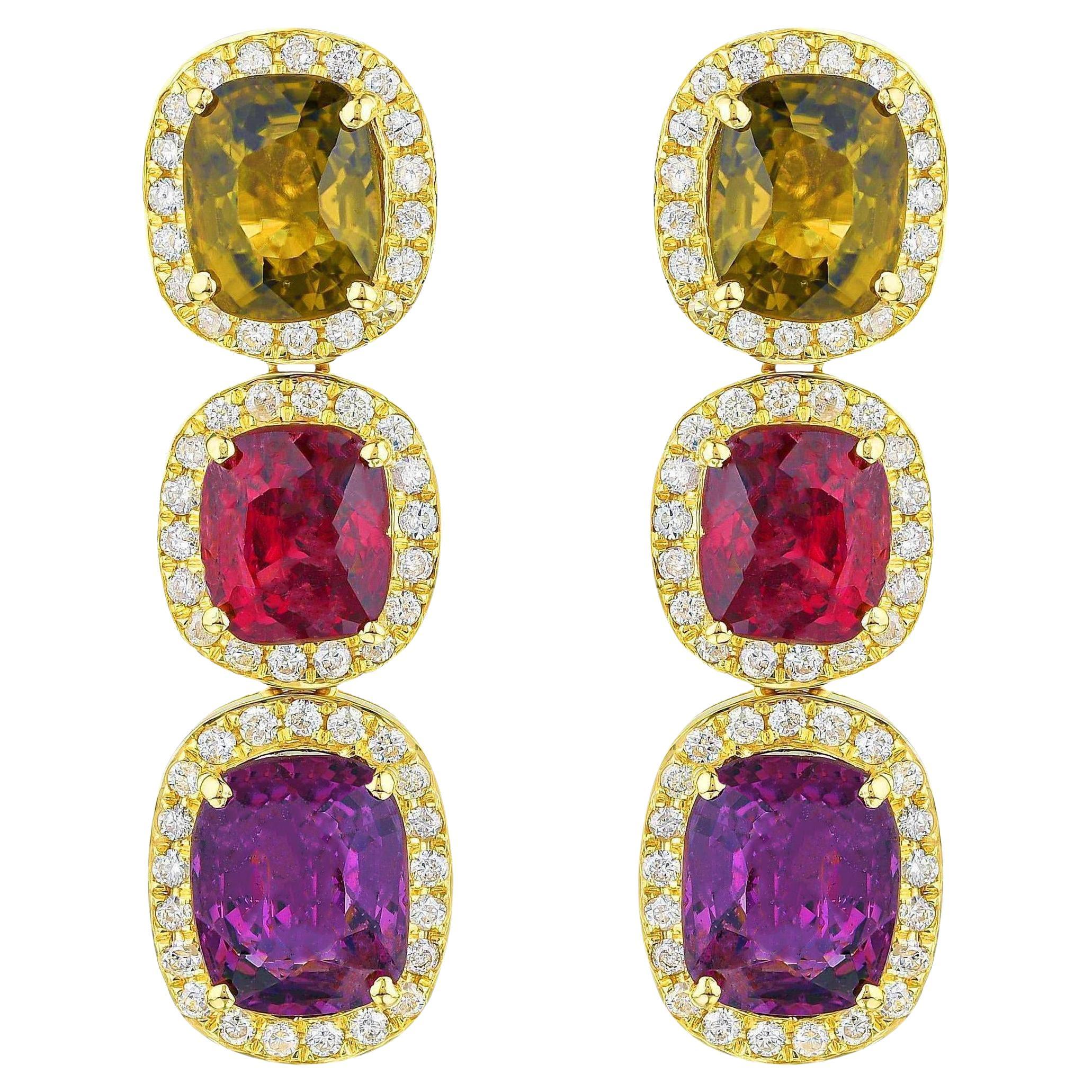 Rare Natural Multicolored Spinel Earrings Diamond Halo 8.50 Carats 18K Gold For Sale