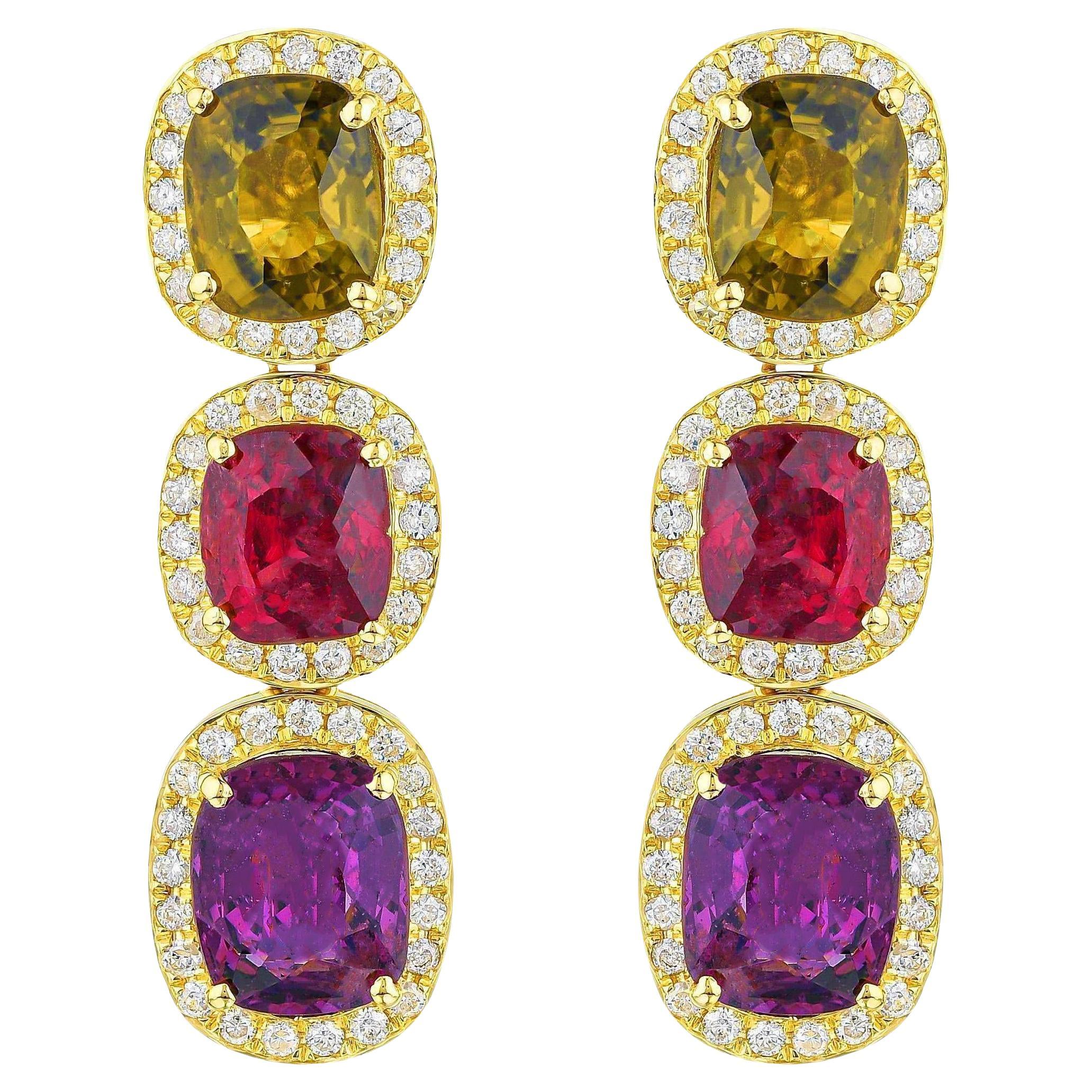 Rare Natural Multicolored Spinel Earrings Diamond Halo 8.50 Carats 18K Gold For Sale