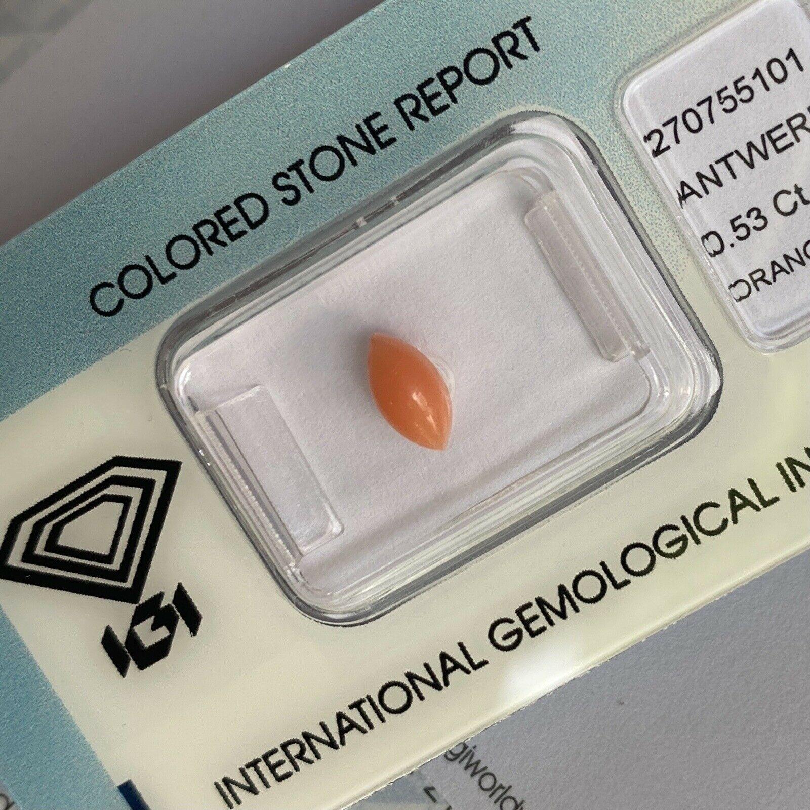 Rare Natural Orange Pink Untreated Coral 0.53ct Marquise Cabochon IGI Certified

Natural Pink Orange Coral Gem.
0.53 Carat with an excellent marquise cabochon cut.
This is a fine piece of natural, untreated coral with beautiful orange pink