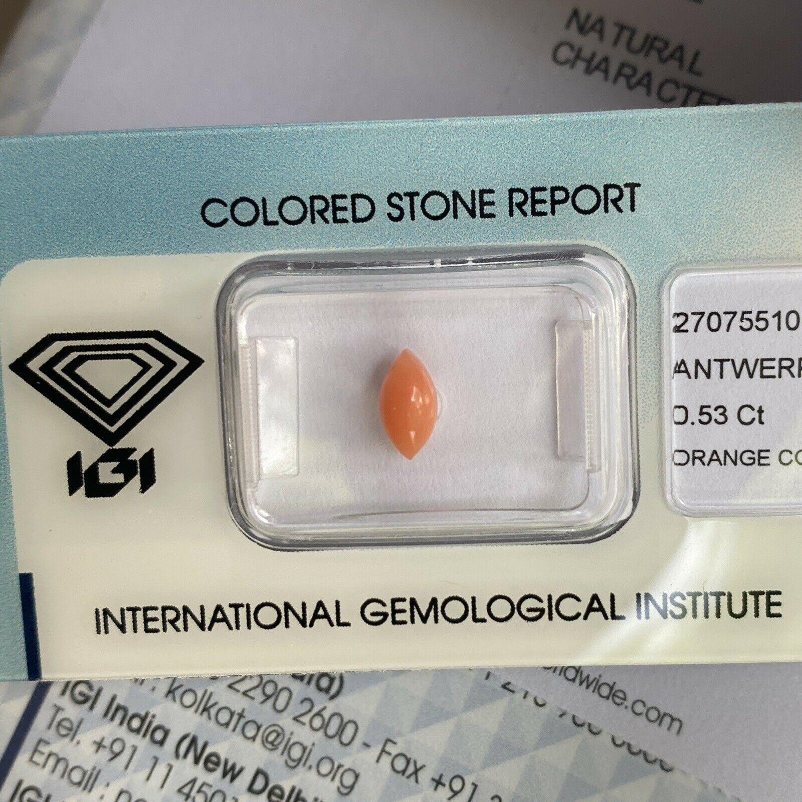 Rare Natural Orange Pink Untreated Coral 0.53ct Marquise Cabochon IGI Certified For Sale 3