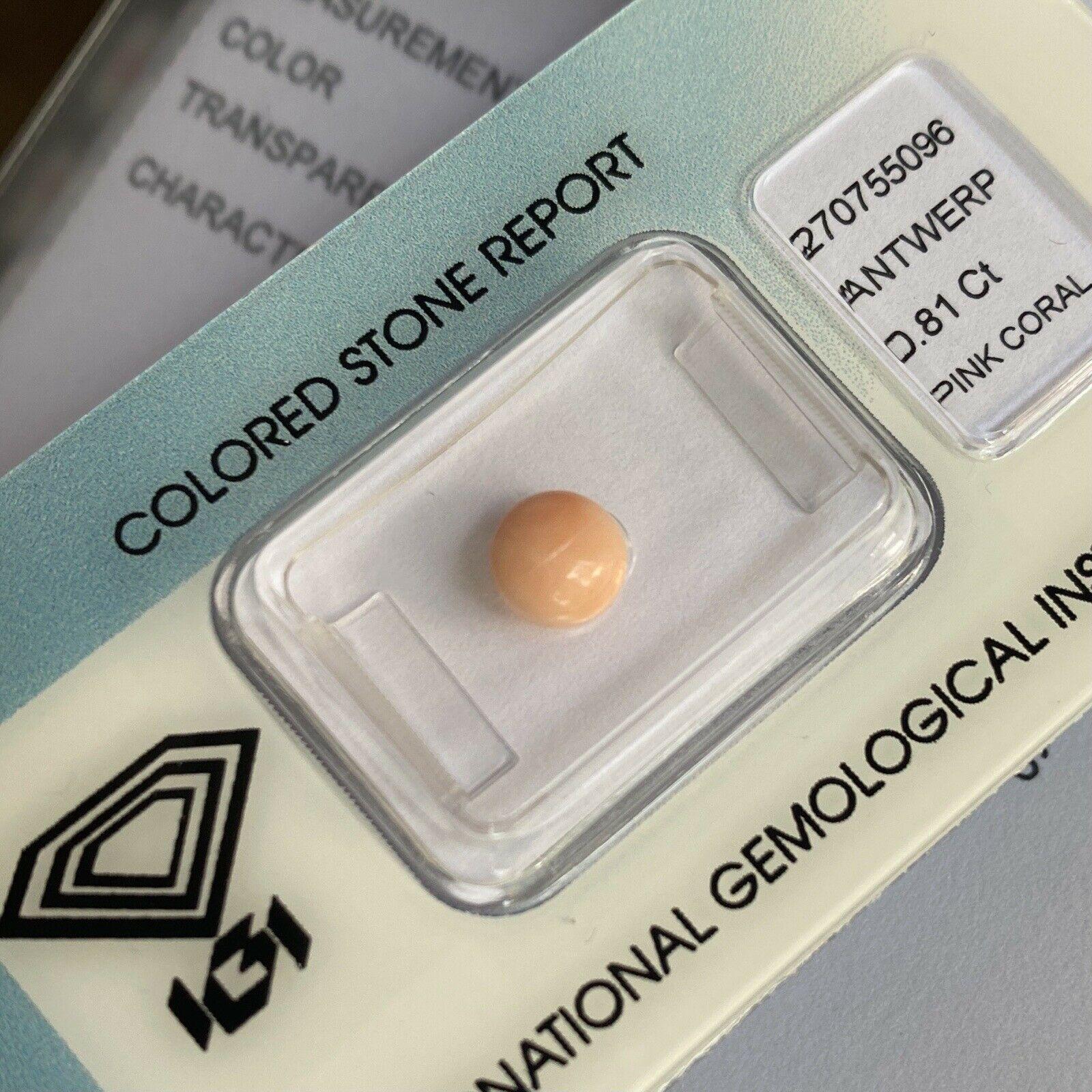 Rare Natural Orange Pink Untreated Coral 0.81ct Round Cabochon IGI Certified In New Condition For Sale In Birmingham, GB
