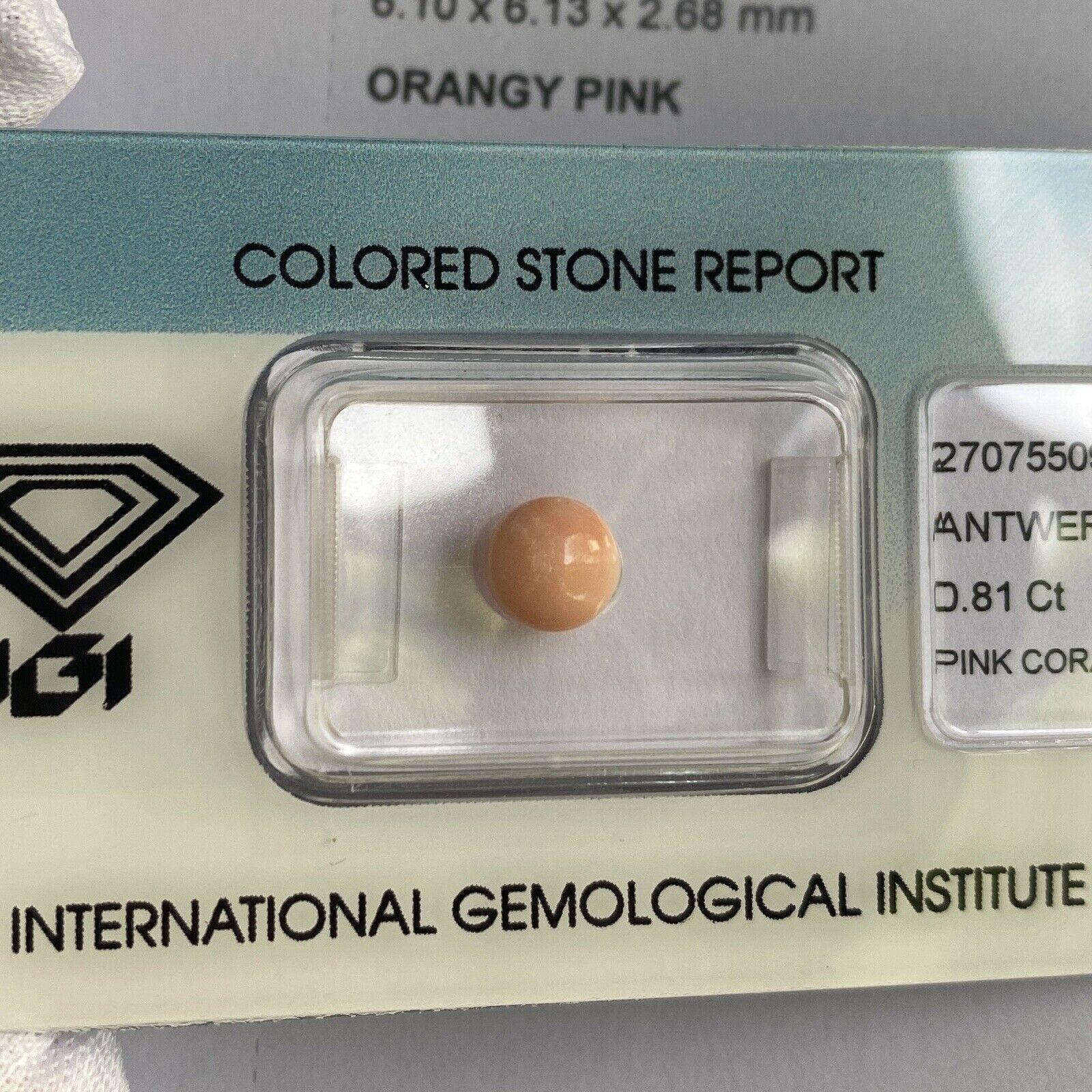 Women's or Men's Rare Natural Orange Pink Untreated Coral 0.81ct Round Cabochon IGI Certified For Sale