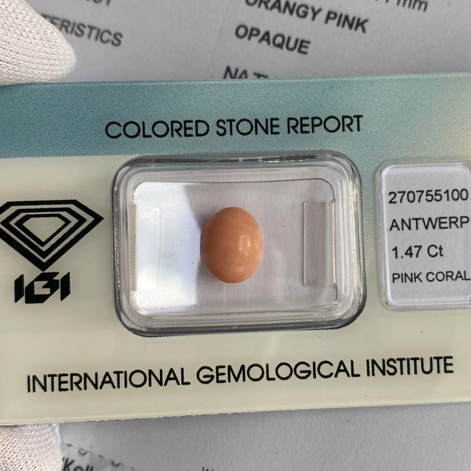 Rare Natural Orange Pink Untreated Coral 1.47ct Oval Cabochon IGI Certified

Natural Pink Orange Coral Gem. 
1.47 Carat with an excellent oval cabochon cut. 
This is a fine piece of natural, untreated coral with beautiful orange pink colour. 
Most