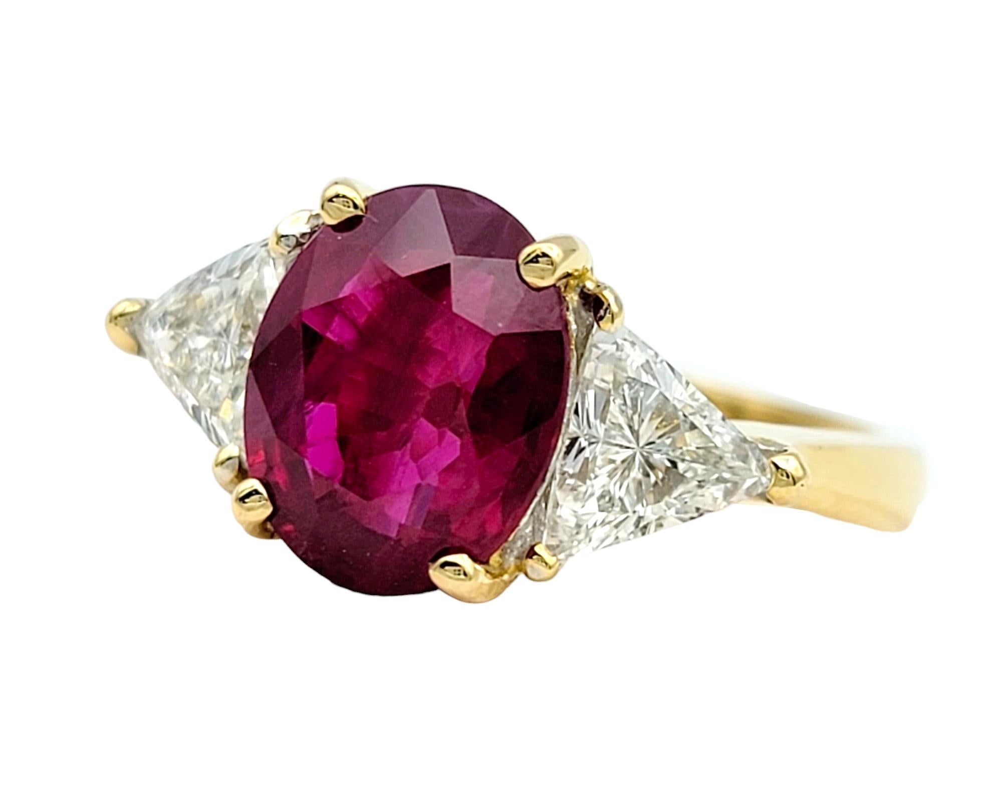Contemporary Rare Natural Oval Cut Burma Ruby and Trillion Diamond Ring 18 Karat Yellow Gold For Sale