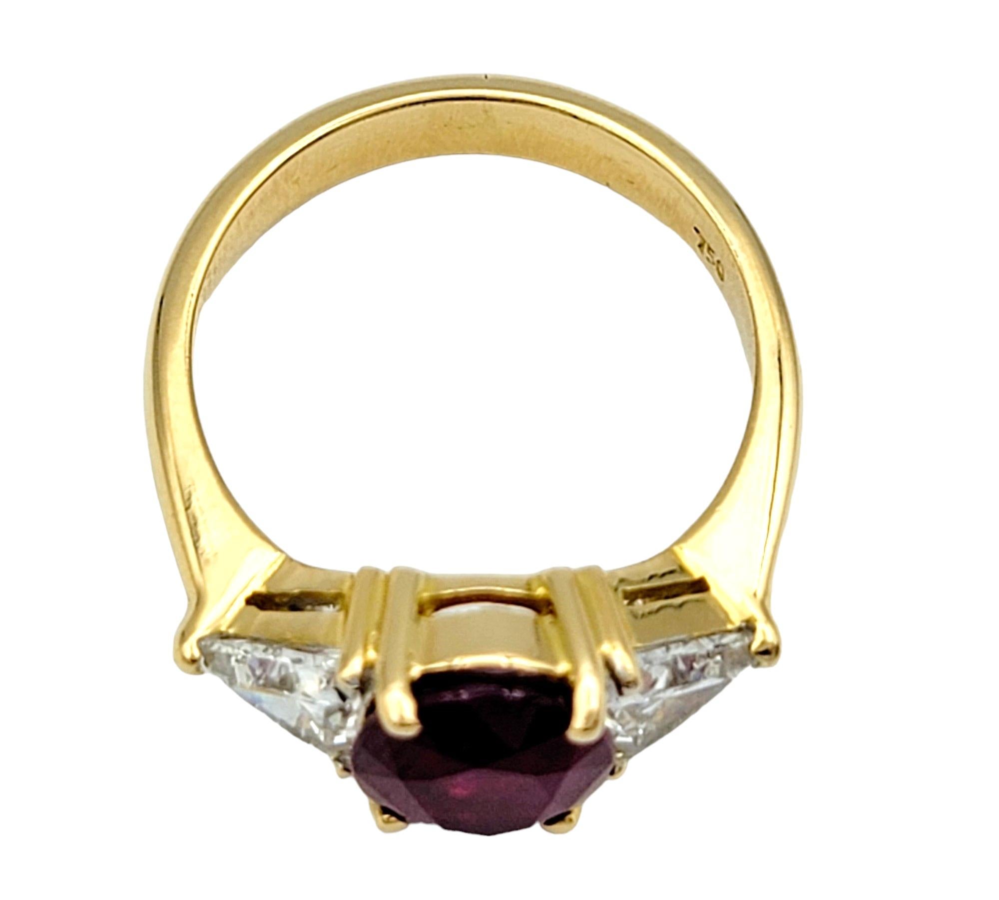 Rare Natural Oval Cut Burma Ruby and Trillion Diamond Ring 18 Karat Yellow Gold In Good Condition For Sale In Scottsdale, AZ