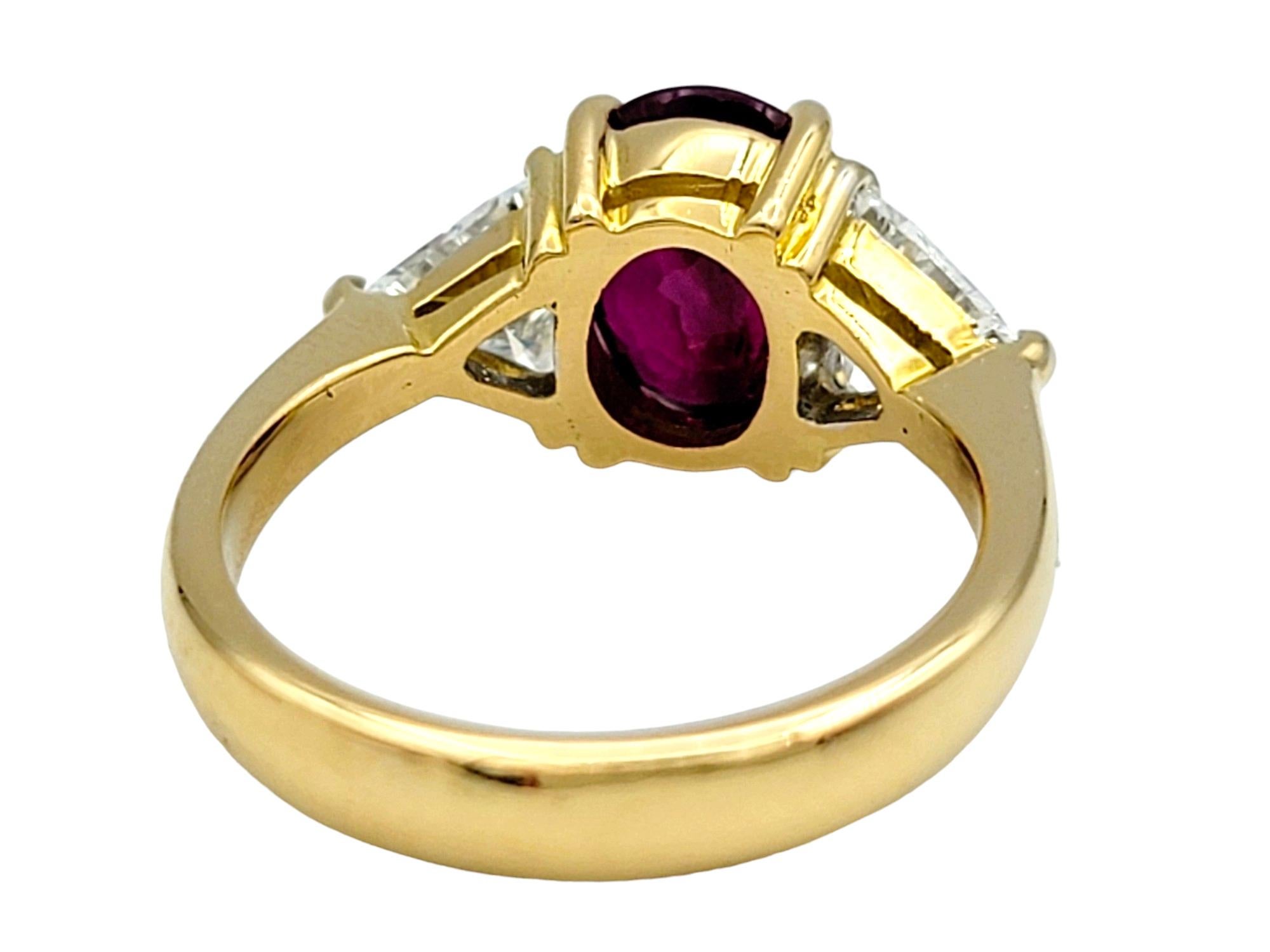 Women's Rare Natural Oval Cut Burma Ruby and Trillion Diamond Ring 18 Karat Yellow Gold For Sale