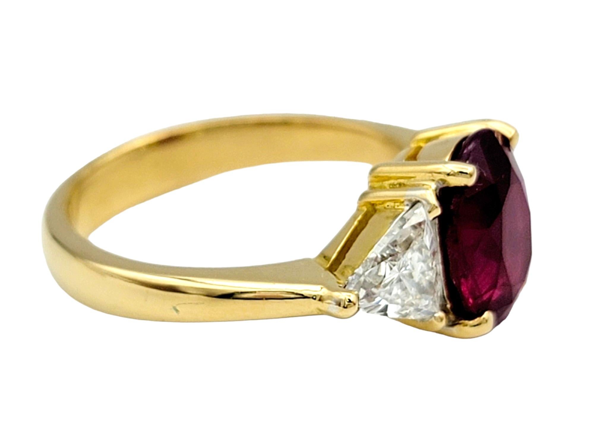 Rare Natural Oval Cut Burma Ruby and Trillion Diamond Ring 18 Karat Yellow Gold For Sale 1
