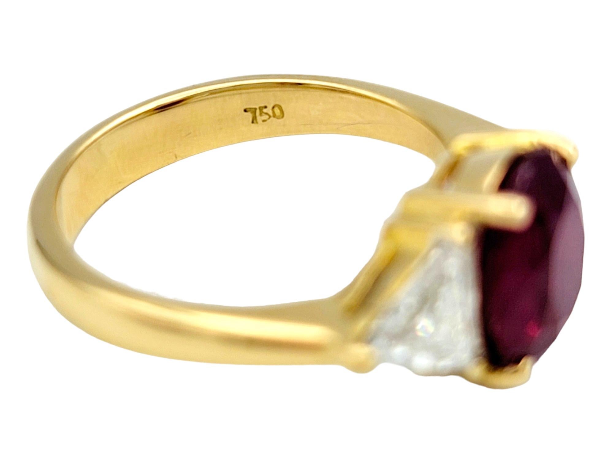 Rare Natural Oval Cut Burma Ruby and Trillion Diamond Ring 18 Karat Yellow Gold For Sale 2