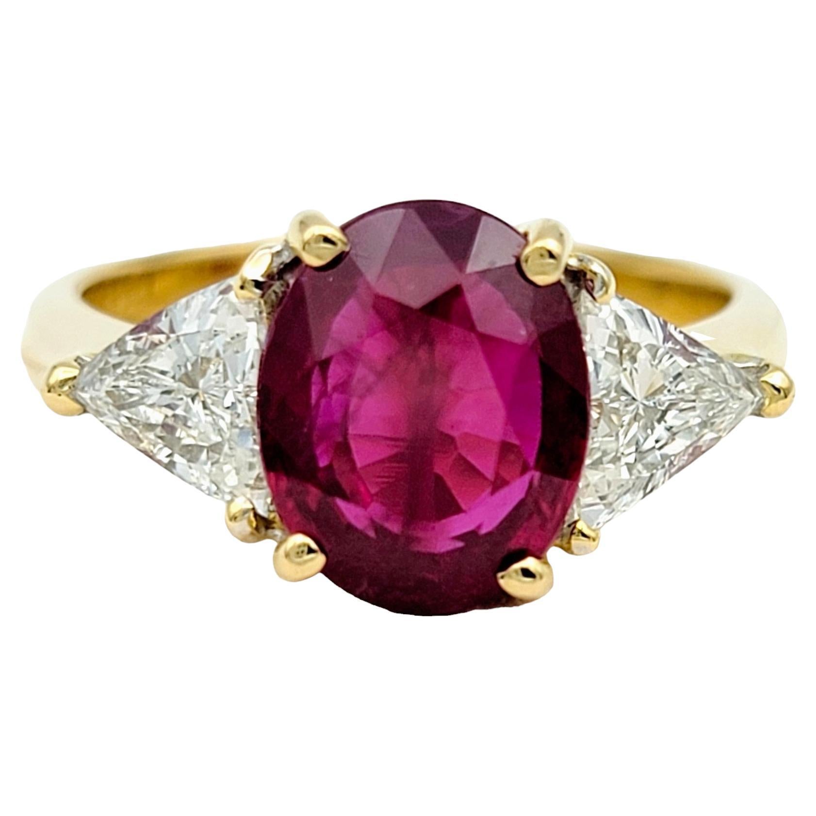 Rare Natural Oval Cut Burma Ruby and Trillion Diamond Ring 18 Karat Yellow Gold For Sale