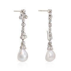 Art Deco Platinum Pearl and Diamond Drop Earrings, Circa 1920, 3.12ct