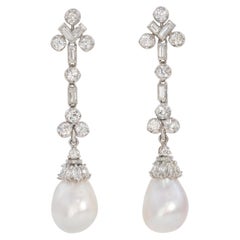 Art Deco Platinum Pearl and Diamond Drop Earrings, Circa 1920, 3.12ct