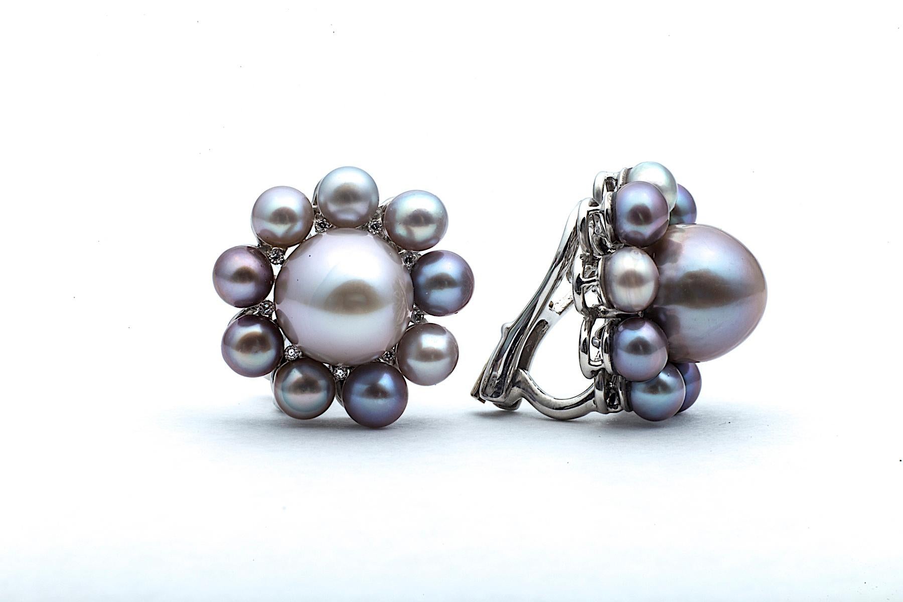 Contemporary Rare Natural Pearl Diamond Platinum Earrings