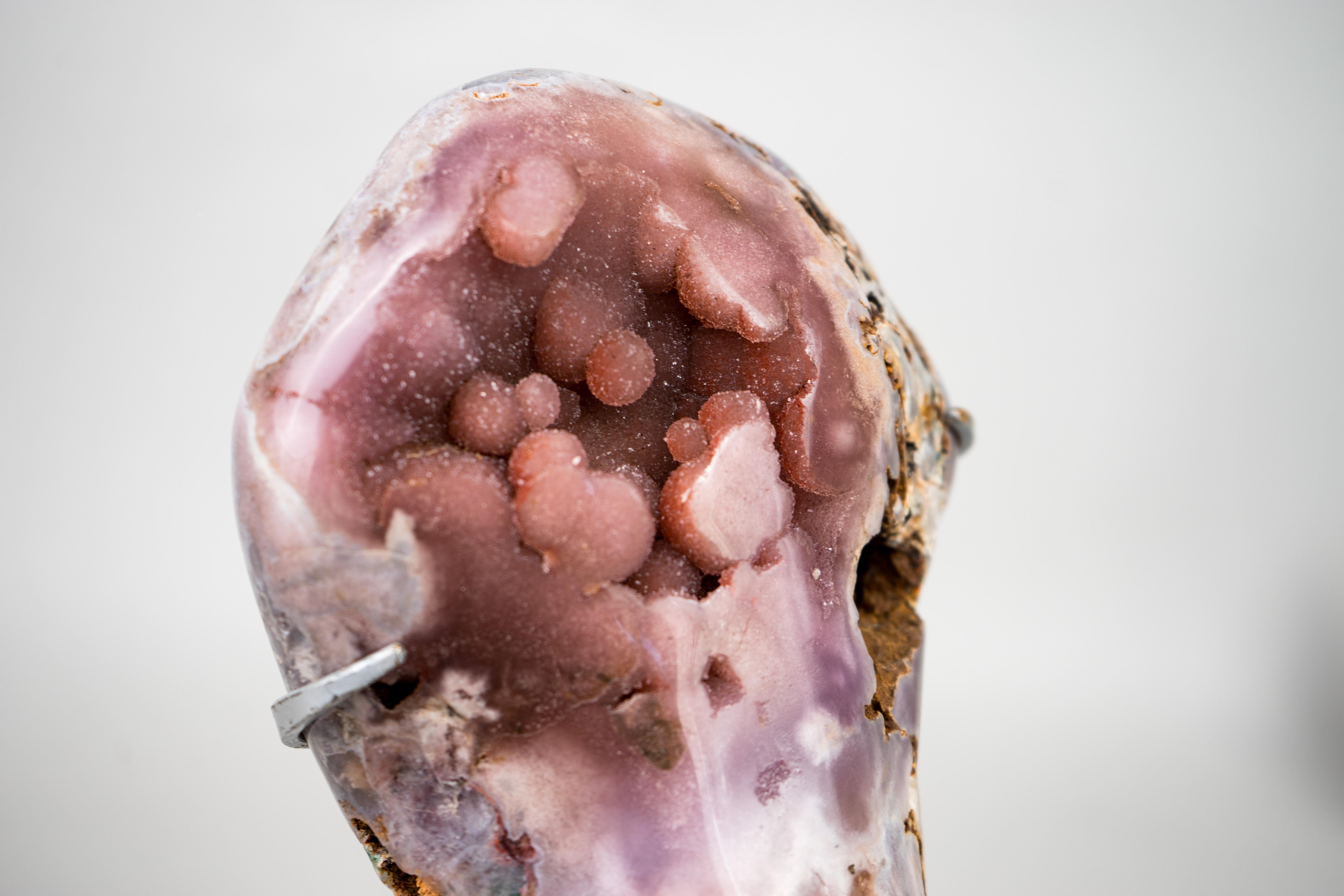 Brazilian Rare Natural Pink Amethyst Geode with Sparkly Galaxy Amethyst Druzy on Stand For Sale
