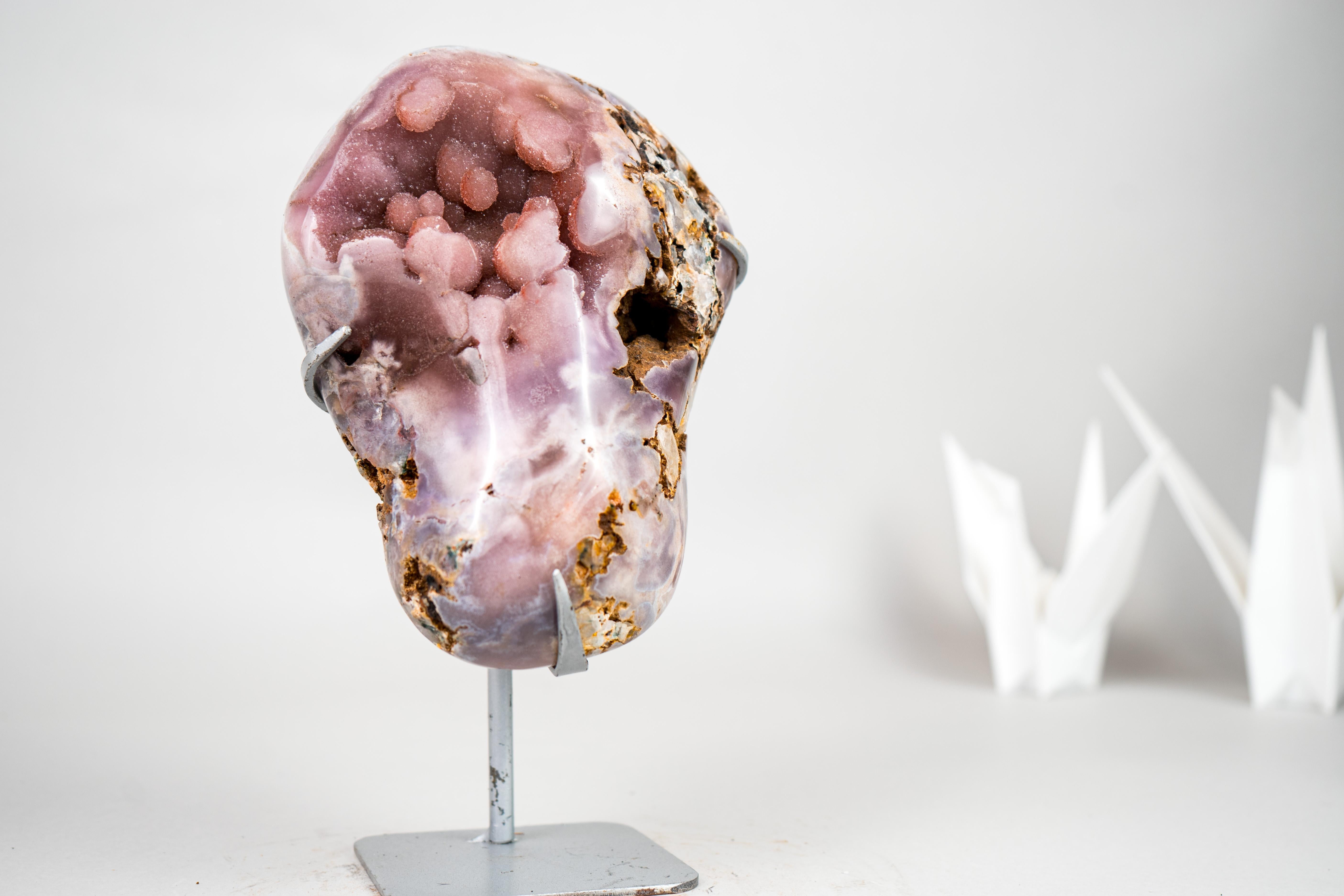 Contemporary Rare Natural Pink Amethyst Geode with Sparkly Galaxy Amethyst Druzy on Stand For Sale