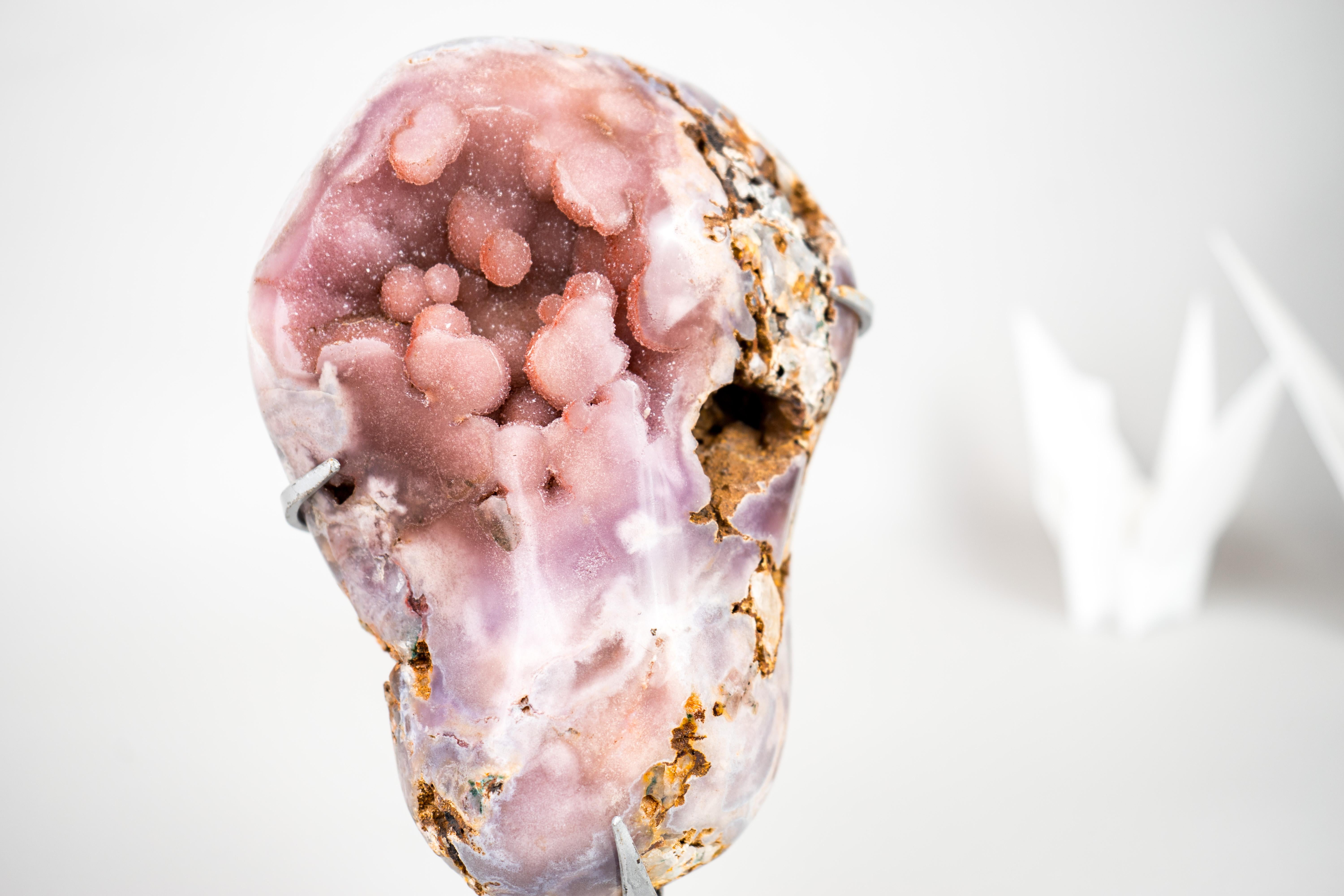 Crystal Rare Natural Pink Amethyst Geode with Sparkly Galaxy Amethyst Druzy on Stand For Sale