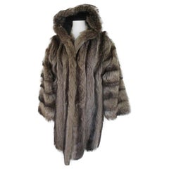 Rare Natural Silver Raccoon Hooded Fur Coat 
