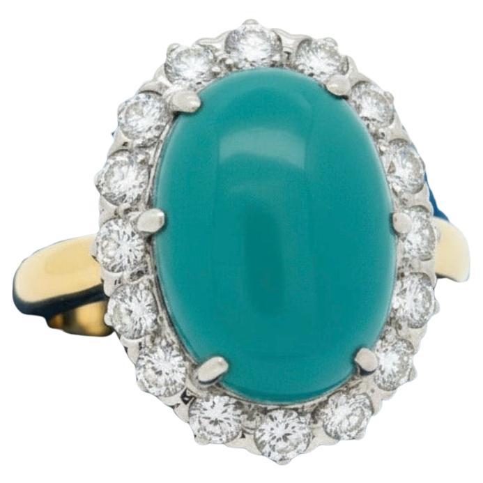 Rare Natural Turquoise Cabochon and Diamond 18Kt Yellow Gold and Platinum Ring