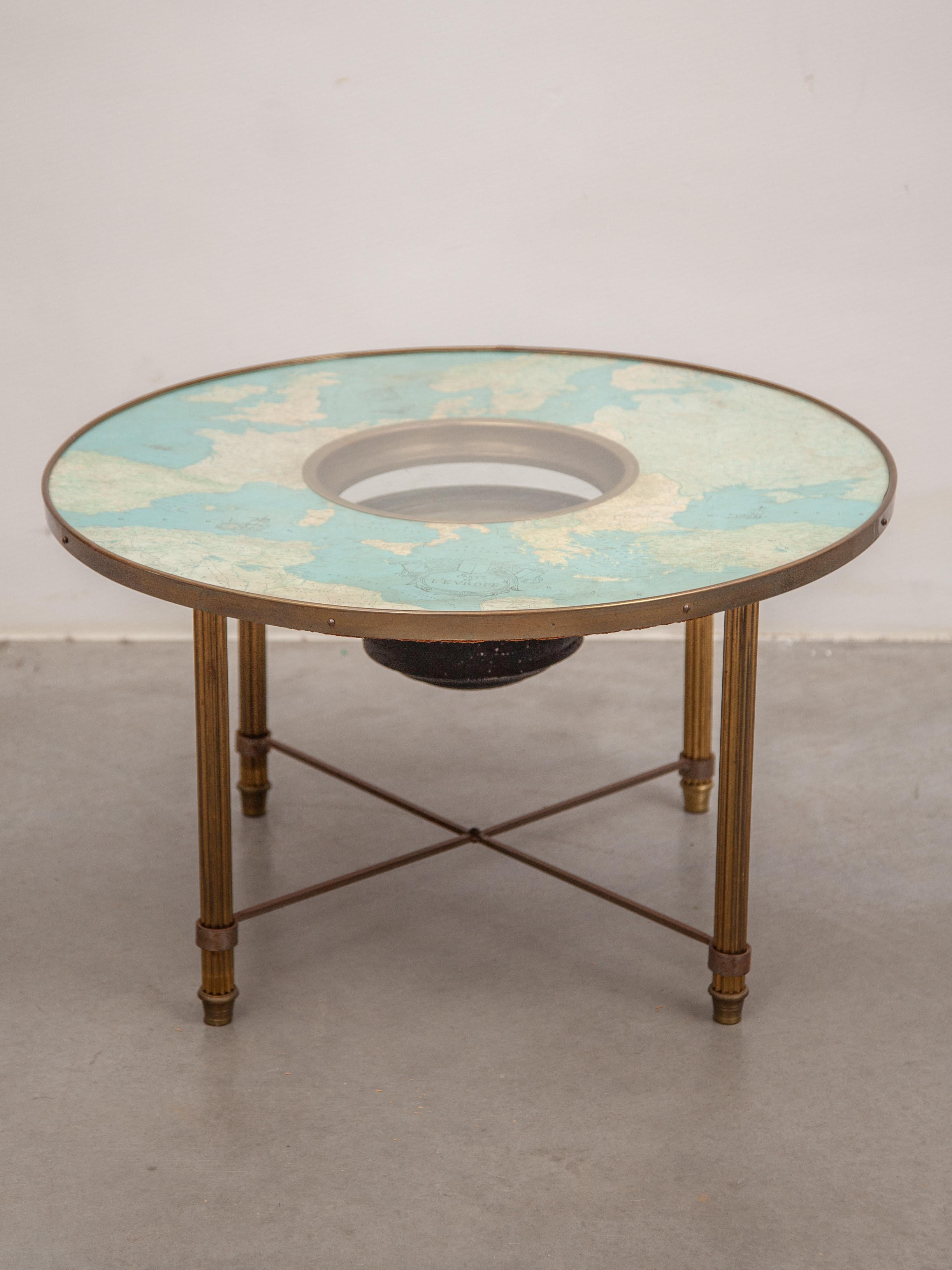 Mid-Century Modern Rare Nautical Compass and Cosmographic Cart Round Coffee Table, France, 1950