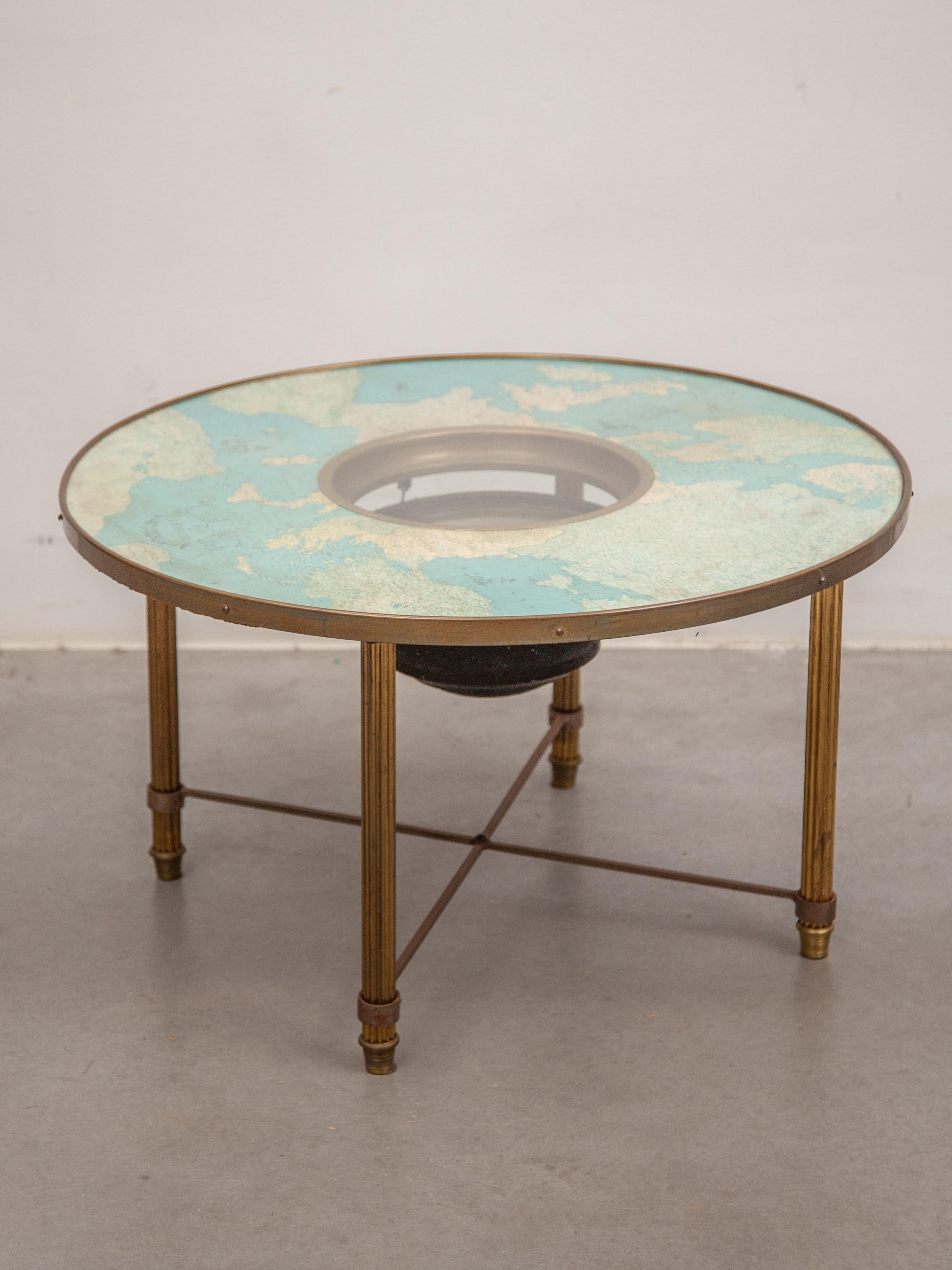 French Rare Nautical Compass and Cosmographic Cart Round Coffee Table, France, 1950