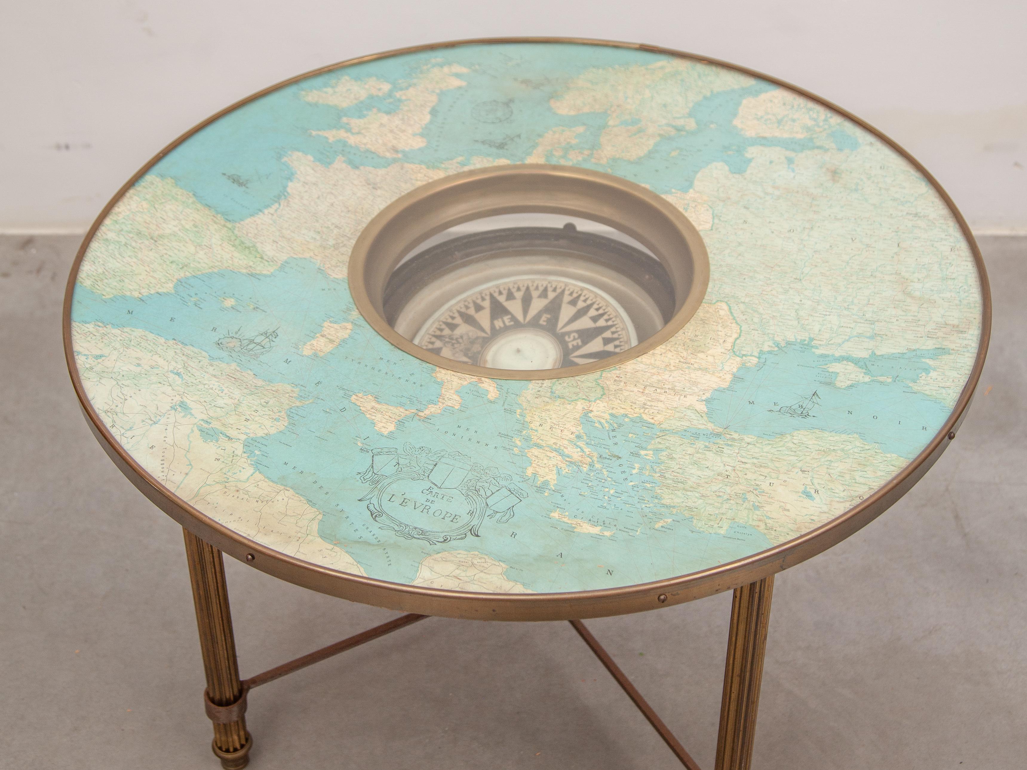 Hand-Crafted Rare Nautical Compass and Cosmographic Cart Round Coffee Table, France, 1950