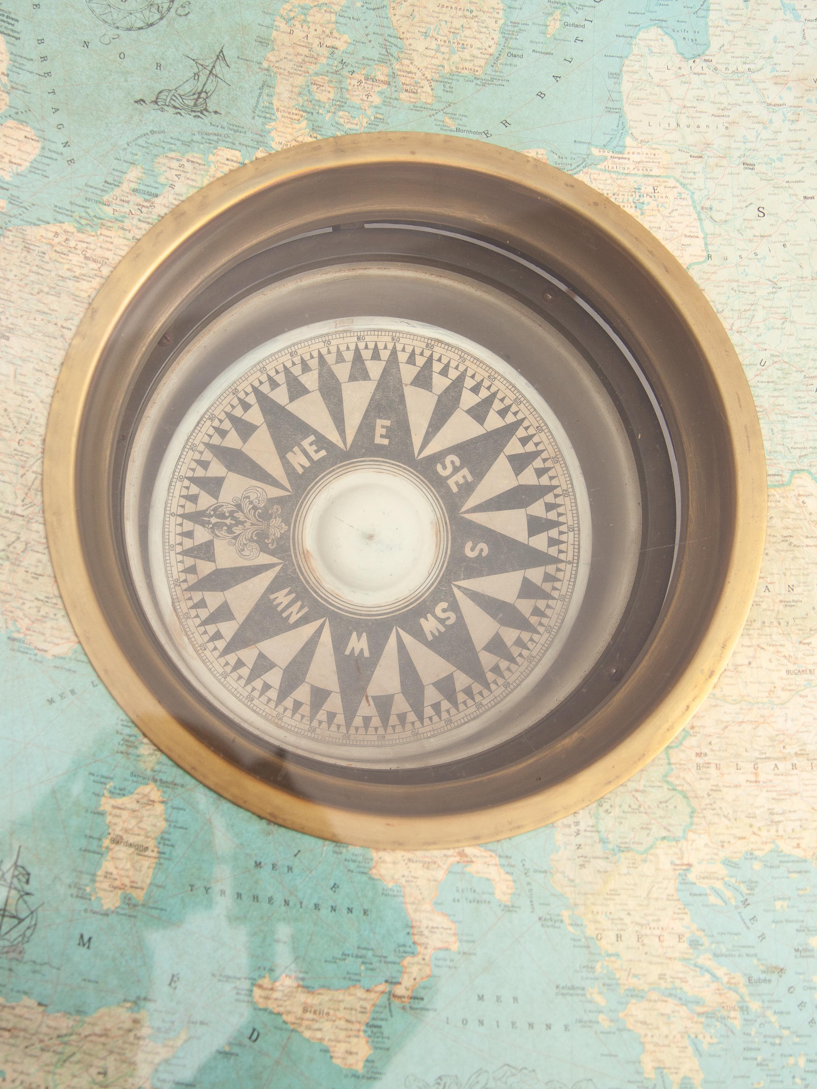 Mid-20th Century Rare Nautical Compass and Cosmographic Cart Round Coffee Table, France, 1950