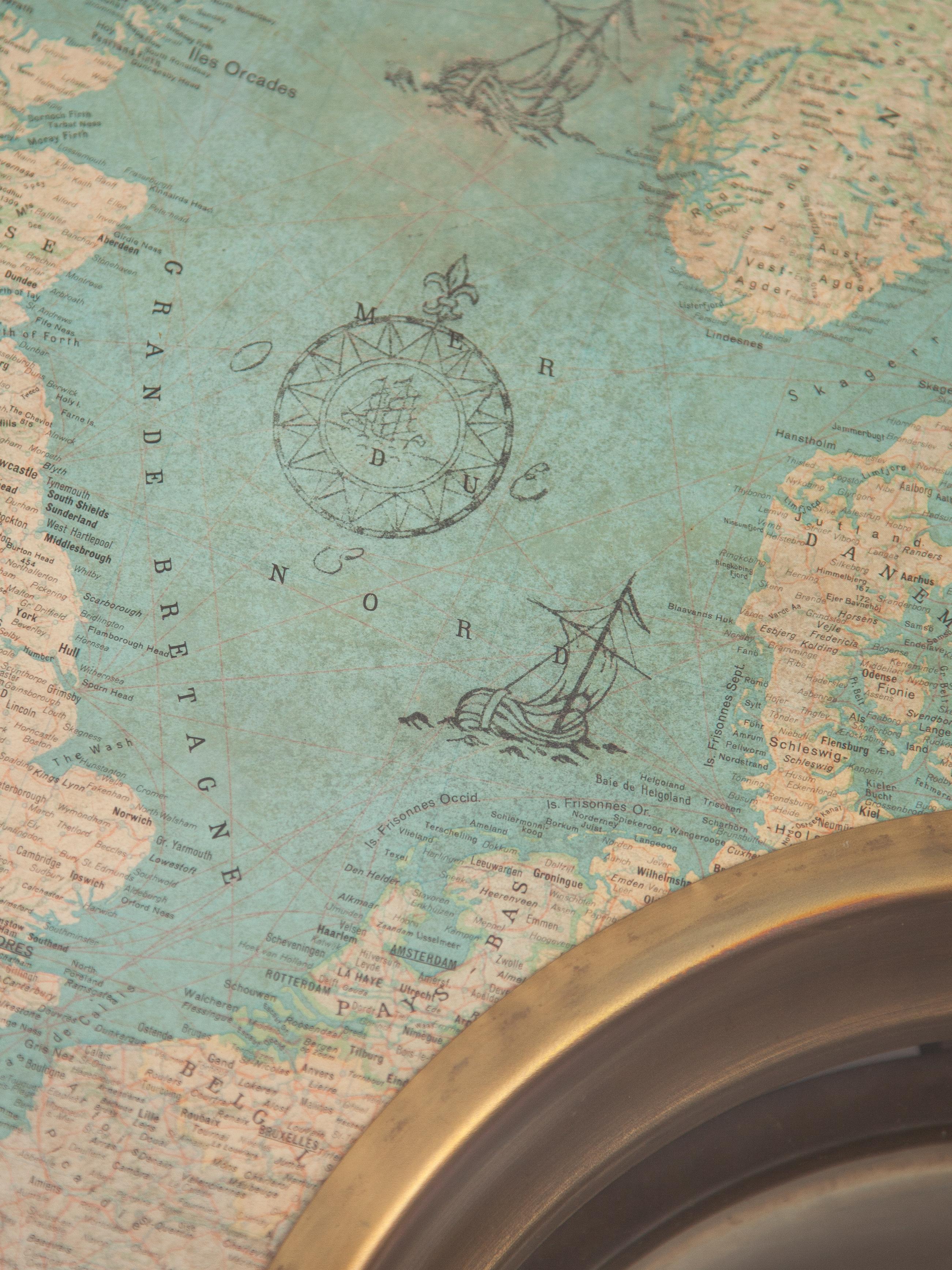 Brass Rare Nautical Compass and Cosmographic Cart Round Coffee Table, France, 1950