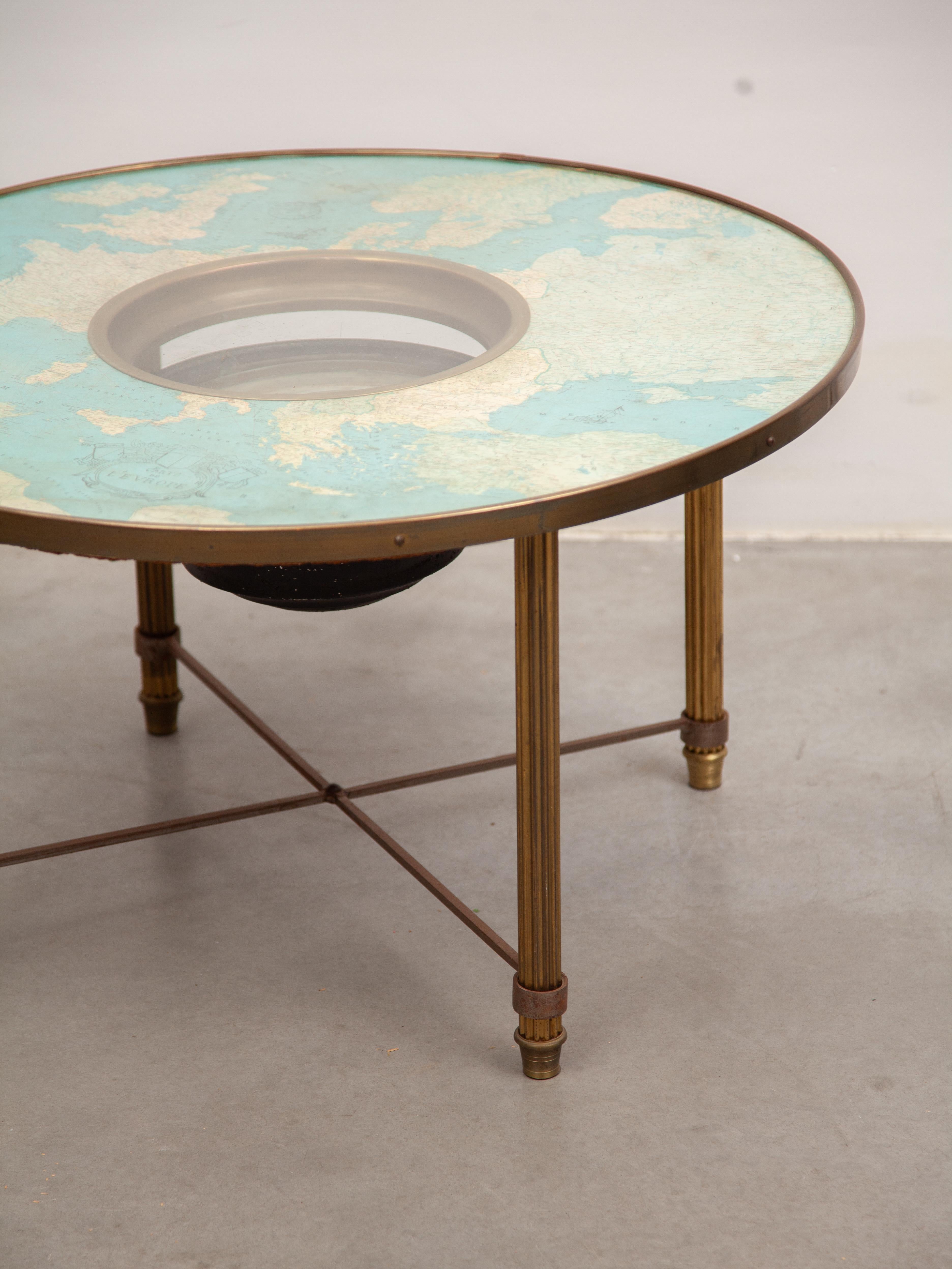 Rare Nautical Compass and Cosmographic Cart Round Coffee Table, France, 1950 1